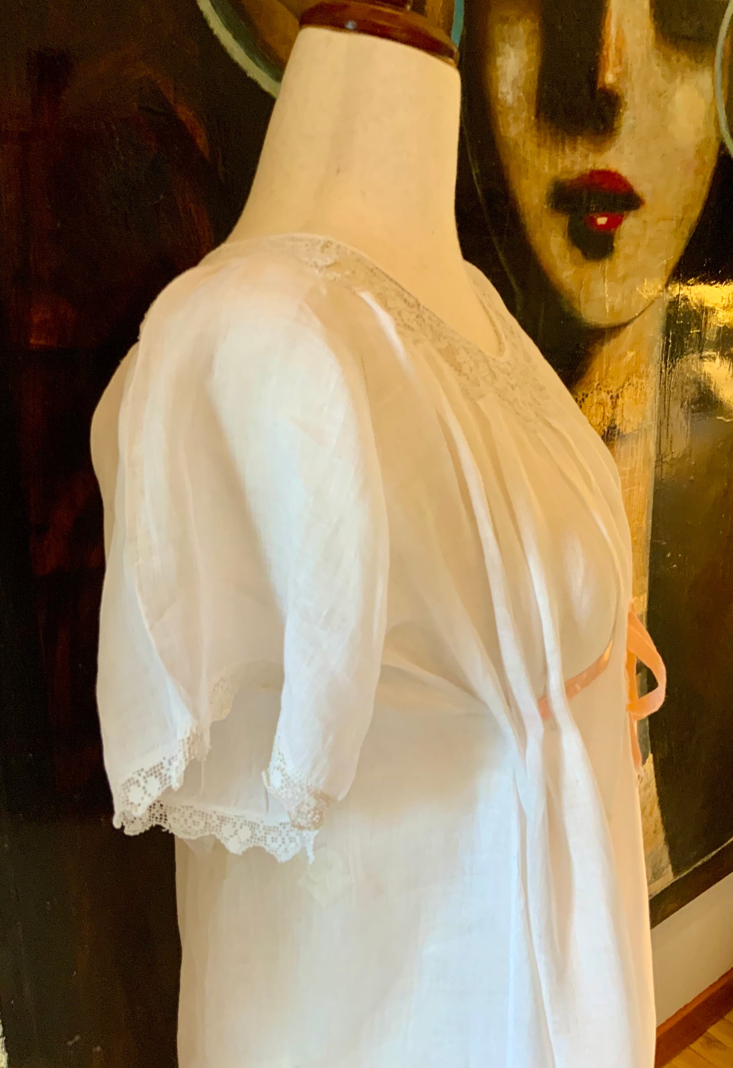 Antique Edwardian Cotton Nightgown “Carmela” Hand Repaired with Filet Lace Appliqués – Restored Heirloom Piece-ED81