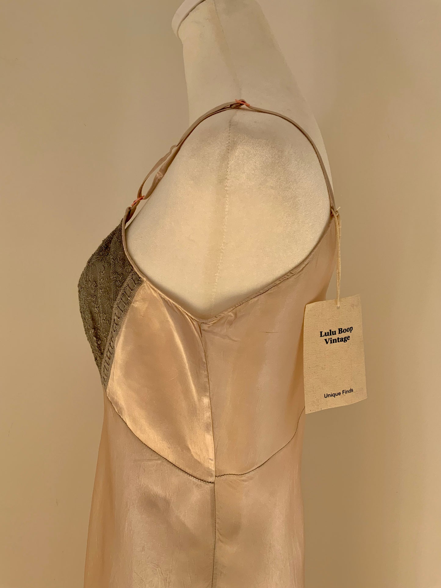 Vintage Silk Slip Dress – Hand Dyed Champagne and Grey with Lace Bodice & Satin Ribbon
 - 40Pi