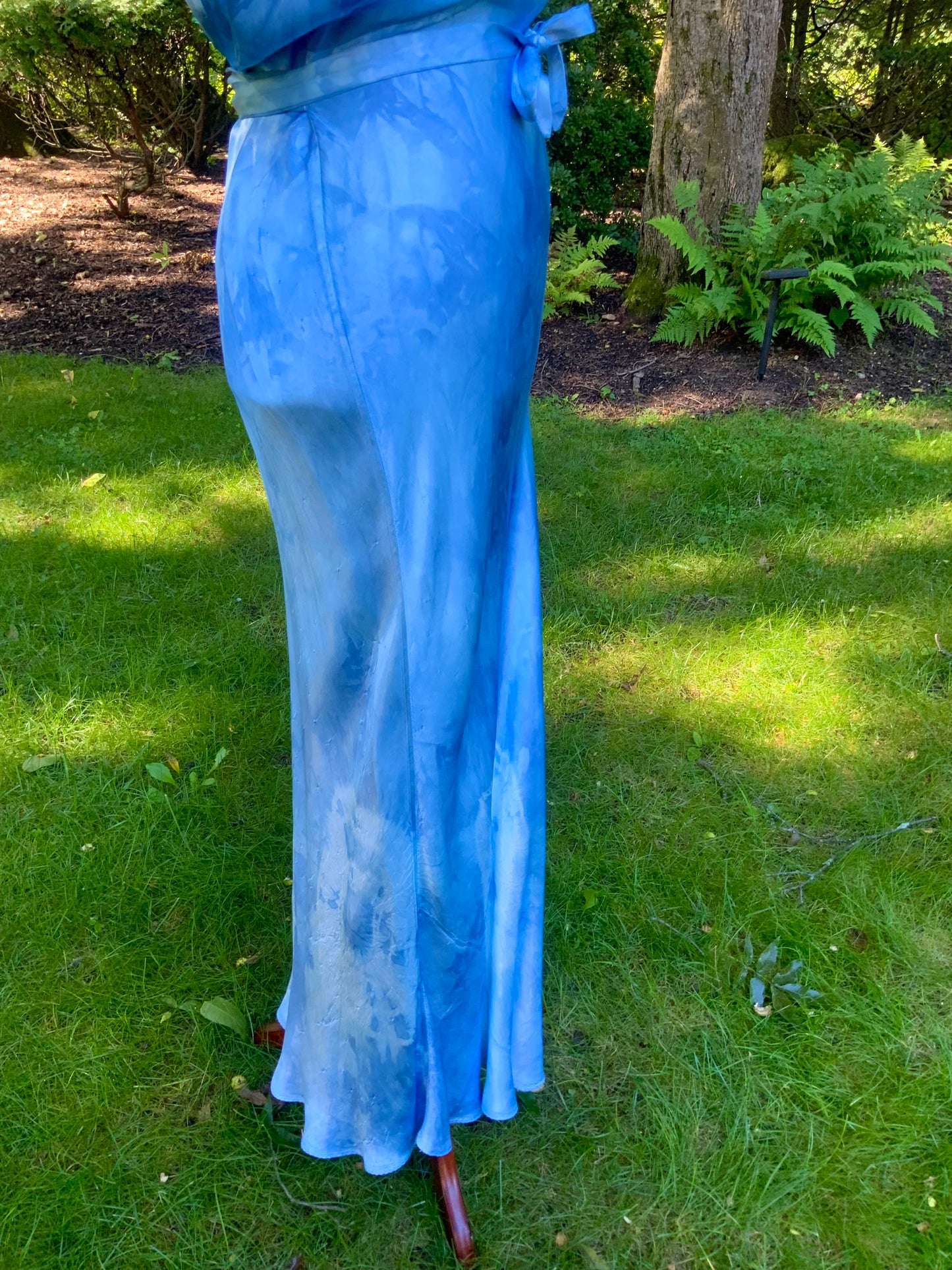 1930s Hand Dyed Blue Bias Cut Satin Nightgown with Lace.40BZ