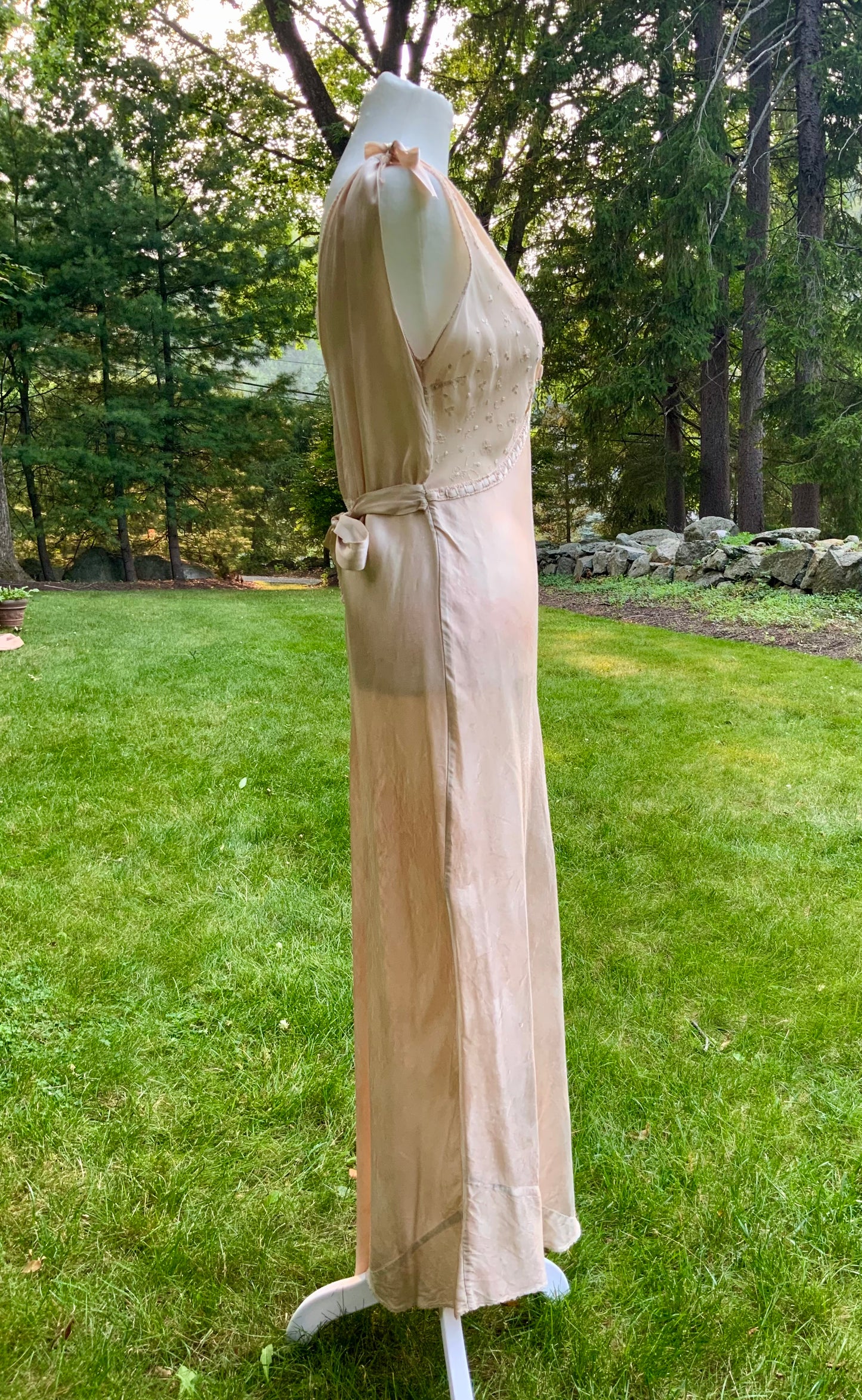 Late 1930s Tea Dyed Champagne Satin Gown Hollywood Glamour Vintage Bridal Slip Dress Boudoir-40BM