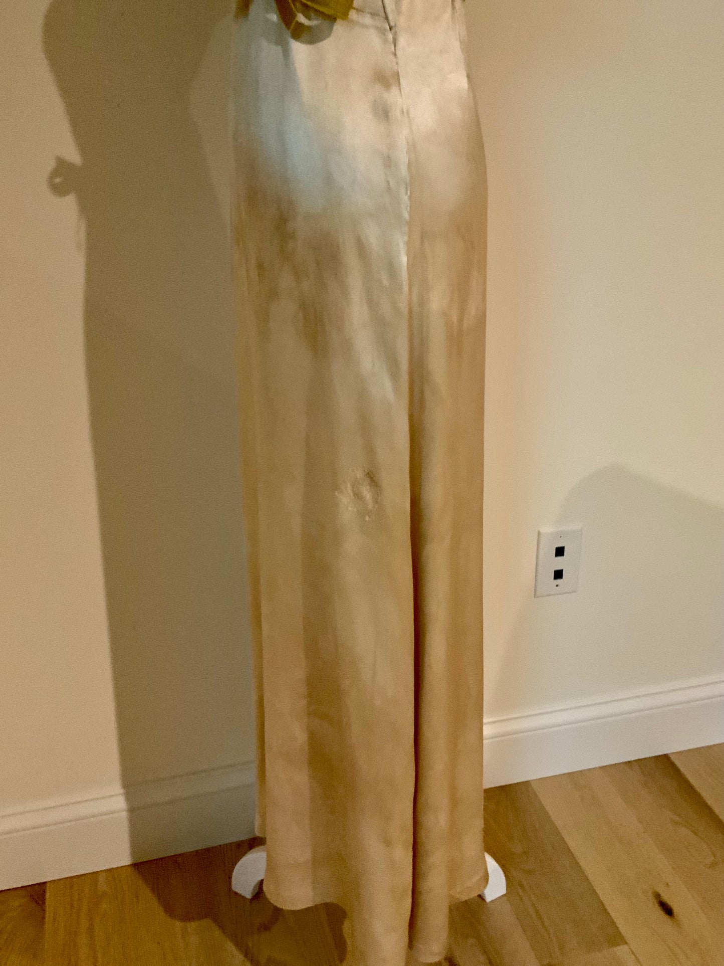 Rare 1930s Tea-Dyed Silk Hostess Gown with Original Floral Appliqué Details