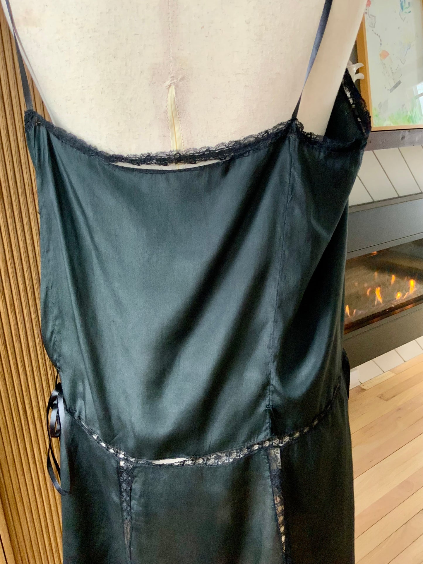 1920s–30s Pure Silk Boudoir Slip Dress — Black with Antique Lace Inset-XL-20AK