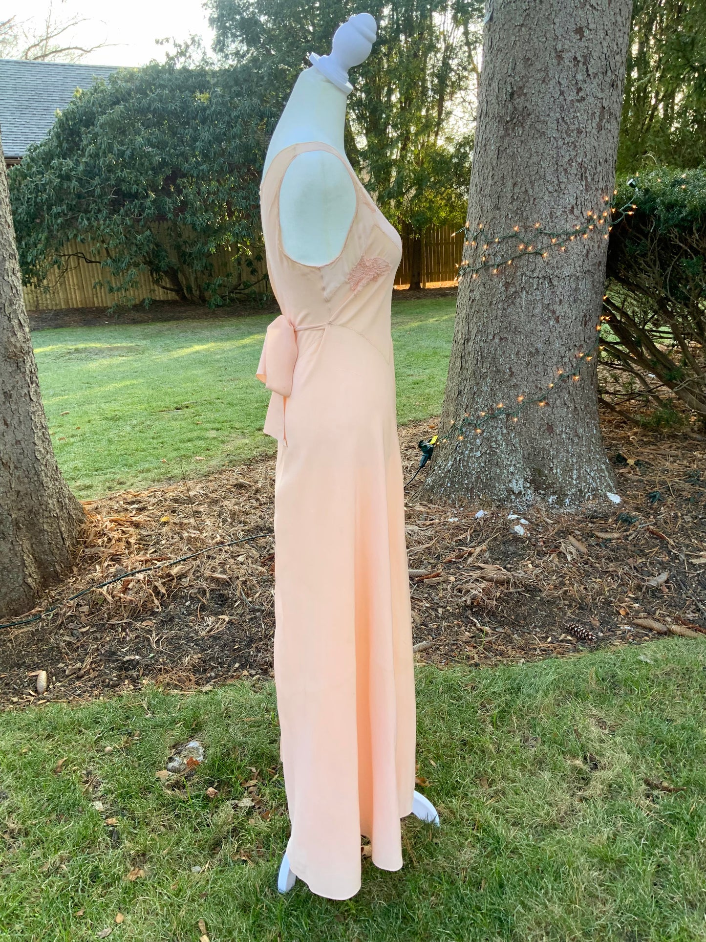 1930s Peach Rayon Nightgown with Art Deco Embroidery & Restored Lace Appliqués – Bias Cut Vintage Lingerie - 30AZ