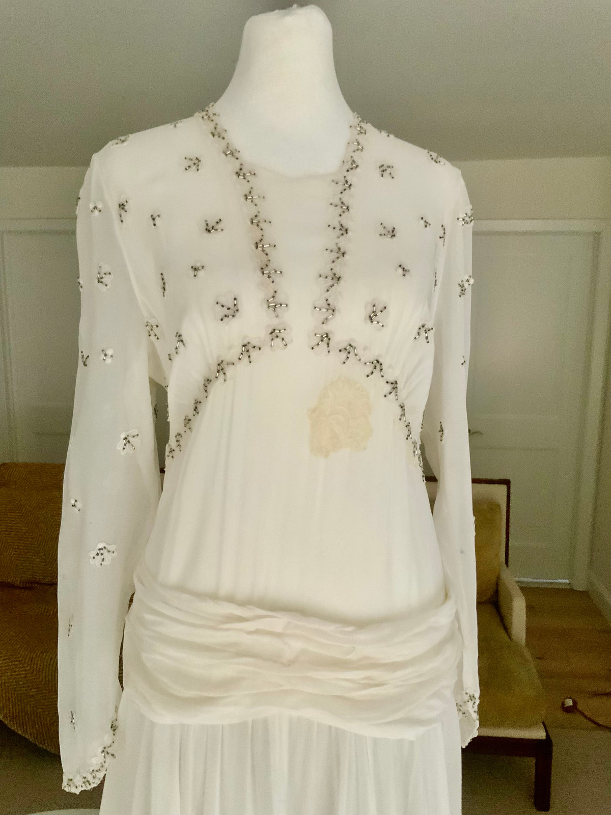 Circa 1940s Ivory Chiffon Wedding Gown with Beaded Shell Motifs and Lace Appliqués.40CH.