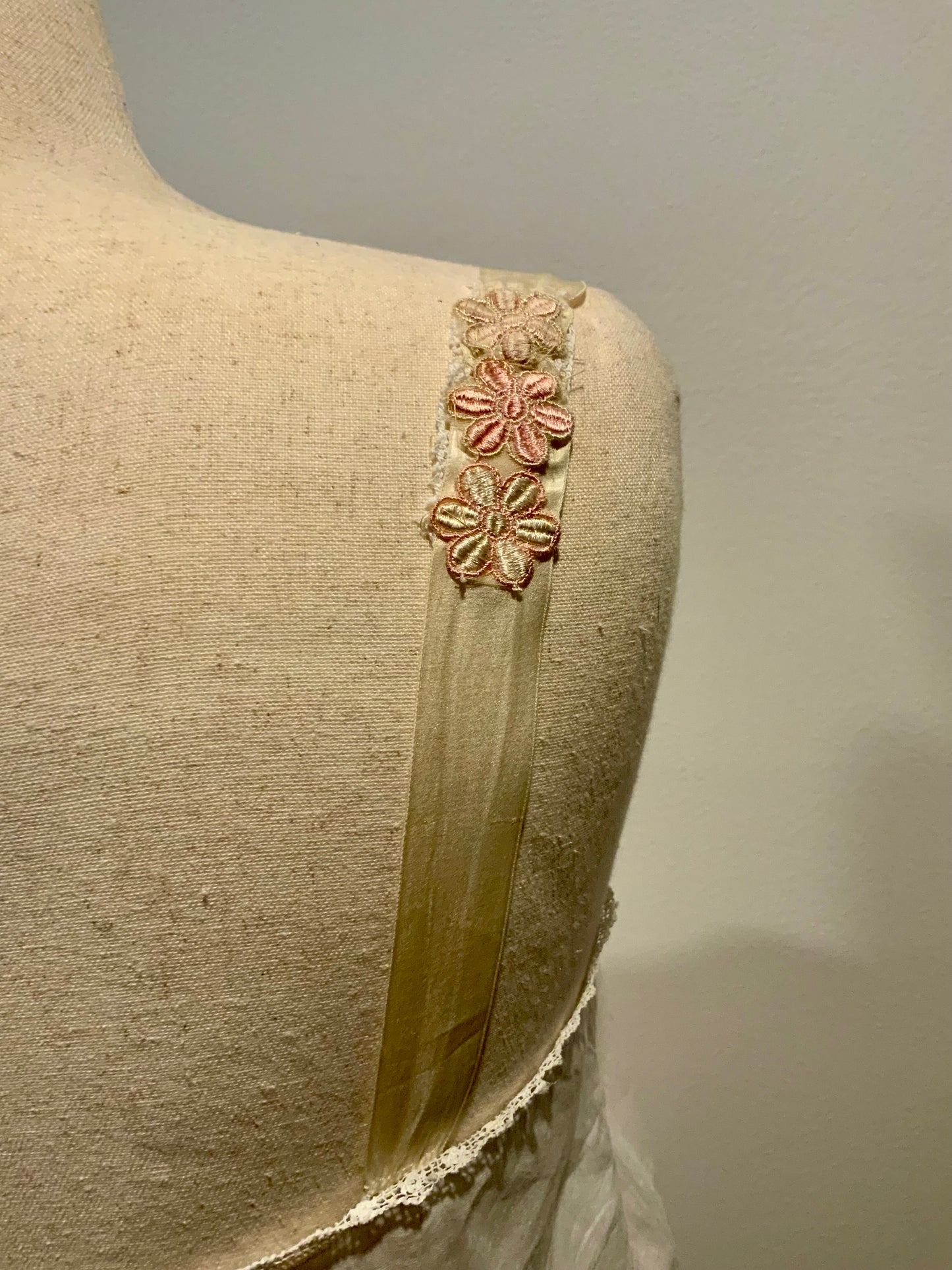 Antique Slip Dress - Filet Lace - Embroidered Initials E C - 1920 - 20C