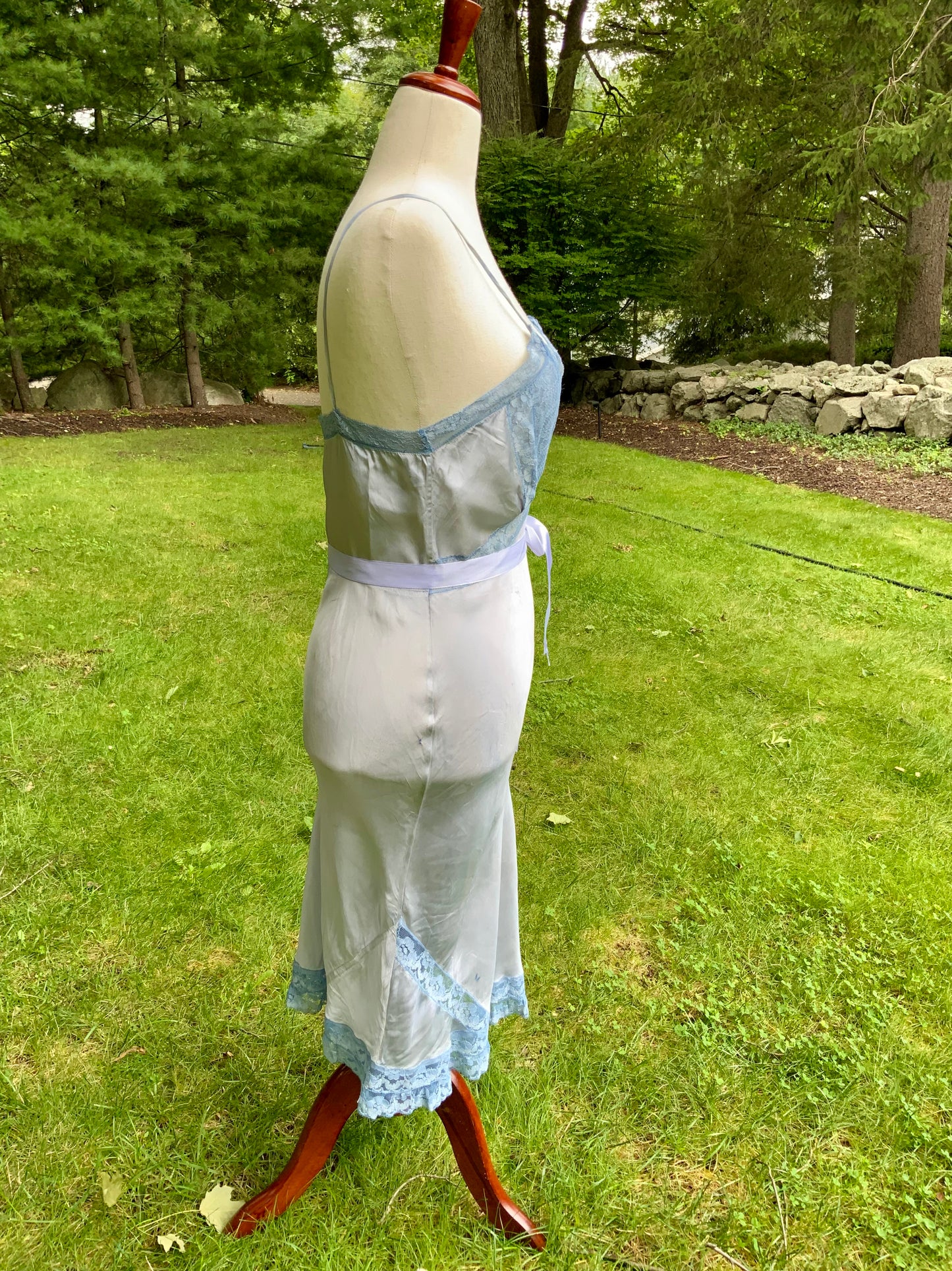1930s Hand-Dyed Ice Blue Satin and Lace Bias-Cut Full Slip.50BA
