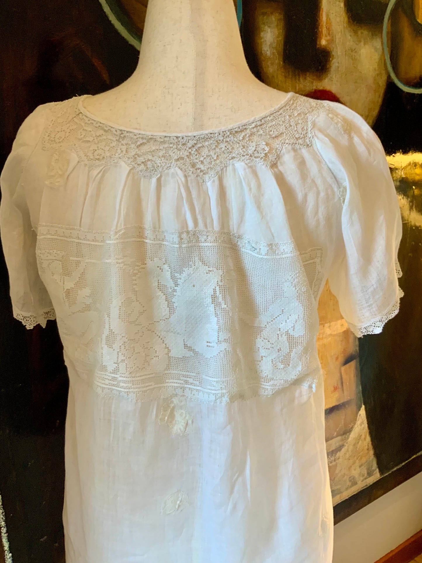 Antique Edwardian Cotton Nightgown “Carmela” Hand Repaired with Filet Lace Appliqués – Restored Heirloom Piece-ED81