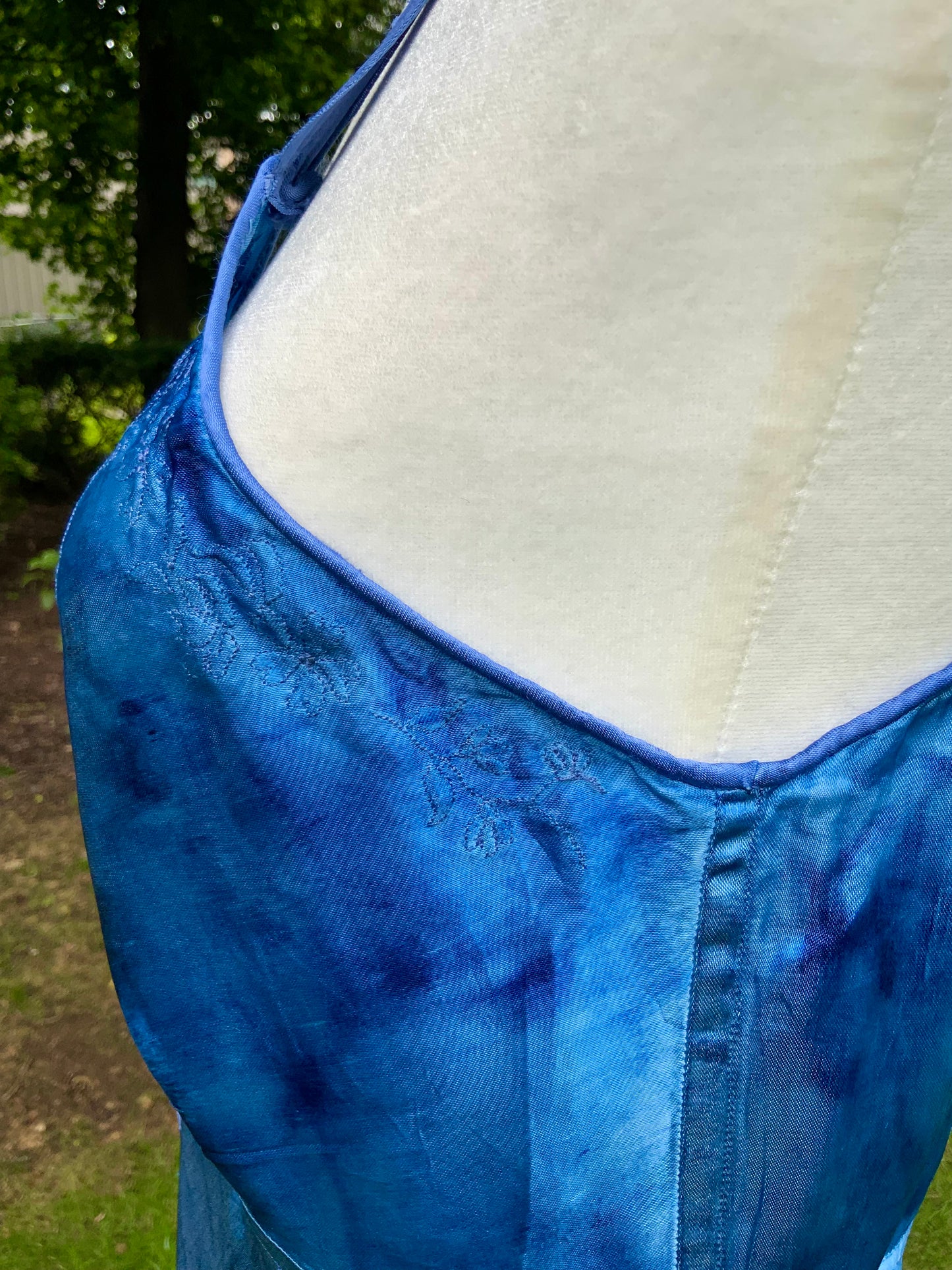 1930s Hand Dyed Blue Satin Nightgown with Floral Appliqués.40CG