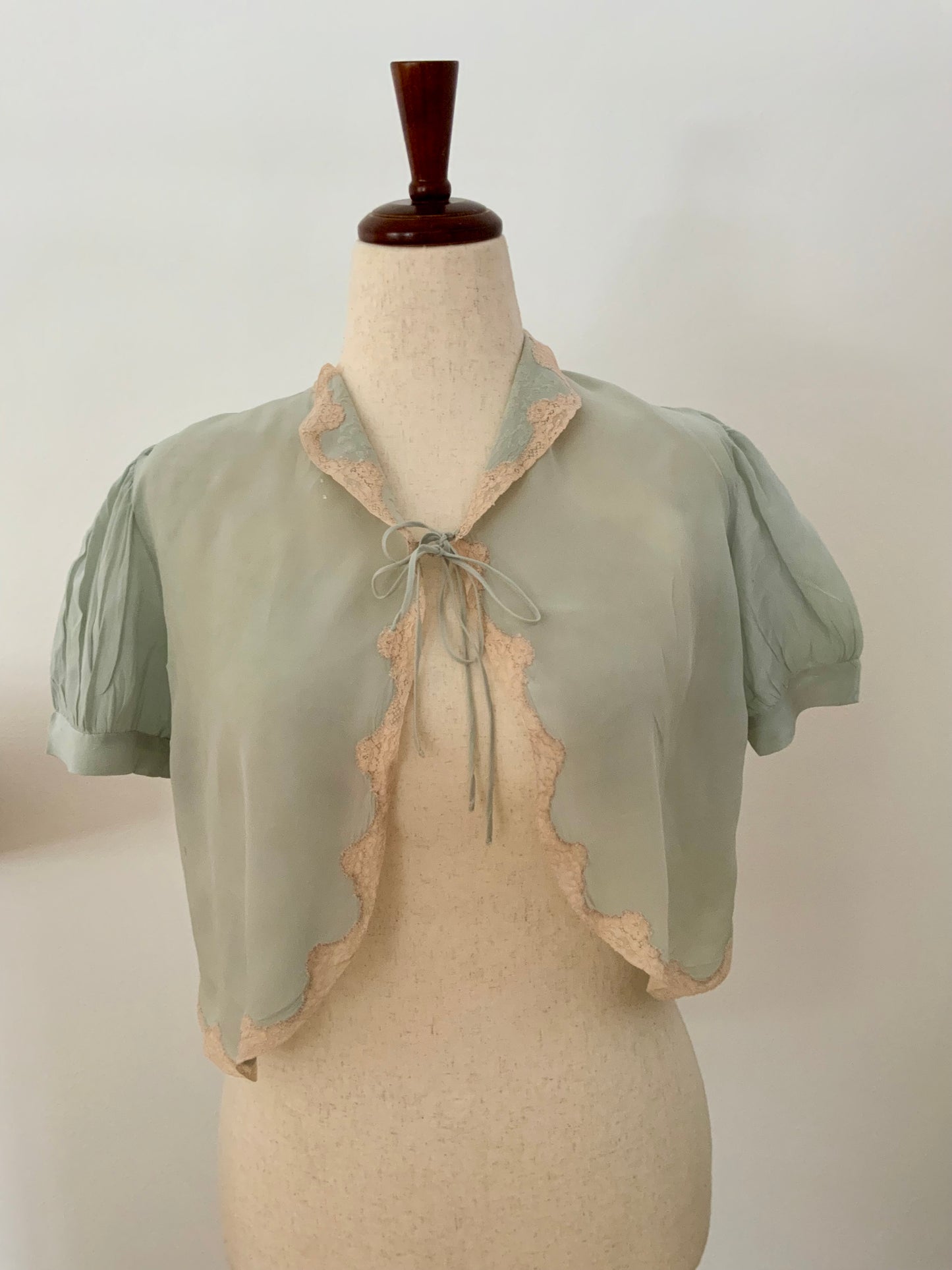 1930s Seafoam Silk Chiffon Bed Jacket with Blush Lace | Antique Boudoir Blouse-30BC