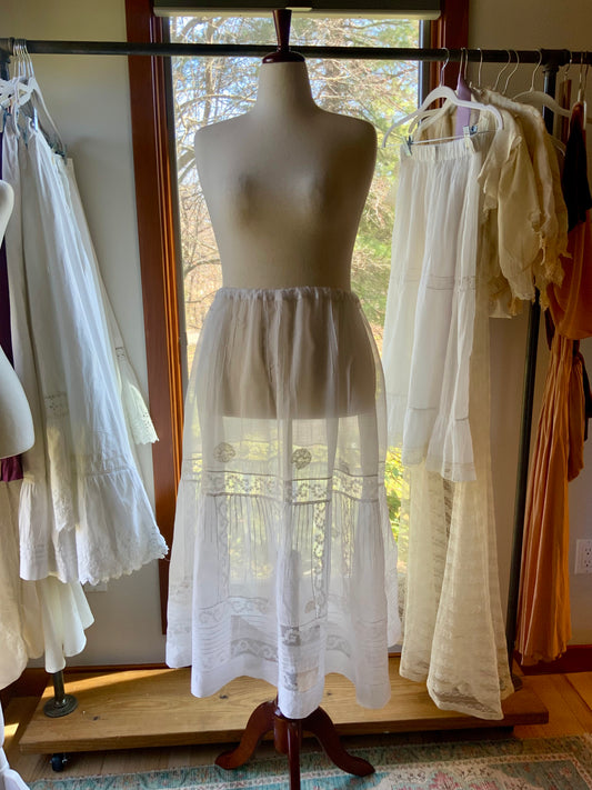 Edwardian White Cotton Petticoat with Lace Panels and Pintucks – Antique-ED77