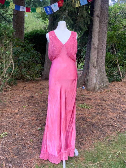 1930s Hand Dyed Pink Satin Slip Dress | Floral Lace Nightgown | Bias Cut Boudoir Gown | Romantic Lingerie | Old Hollywood Glamour
-30BJ