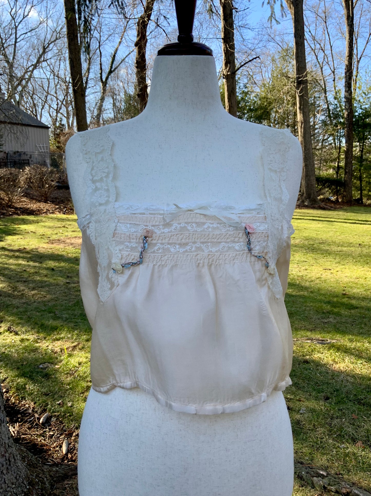 Antique Edwardian Silk Lingerie Camisole with Lace & Rosette Details | Circa 1905–1915-ED44