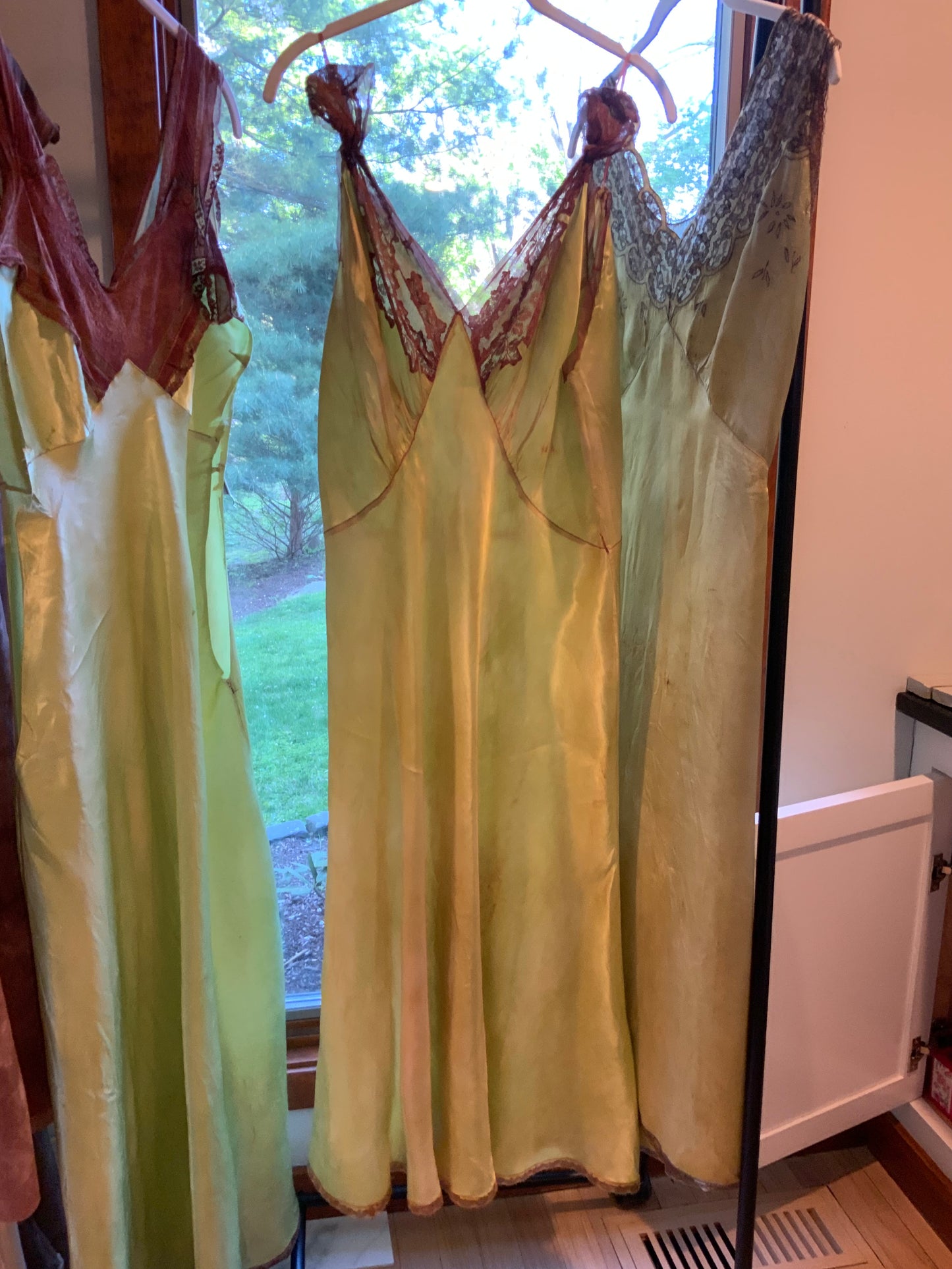 1930s Hand Dyed     Botanical Inspired Hand Dyed Silk Slip Dress. One of a Kind Woodland Fairy Bias Cut Gown.30BZ