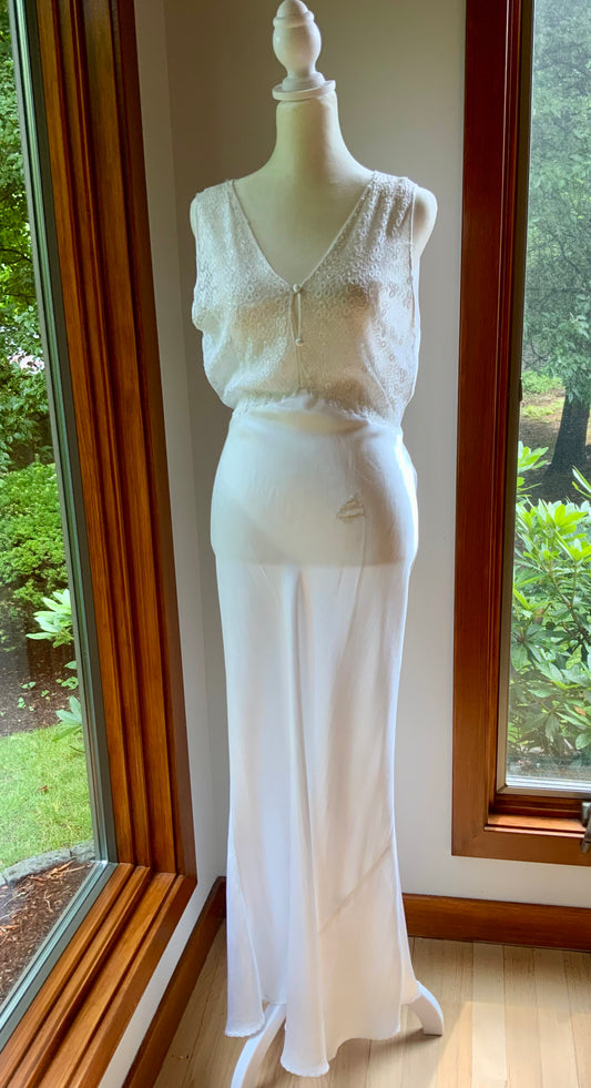 1930s Bridal Boudoir Gown | White Silk Satin Bias Cut Nightgown | Embroidered Lace Bodice | Old Hollywood Lingerie-30DH