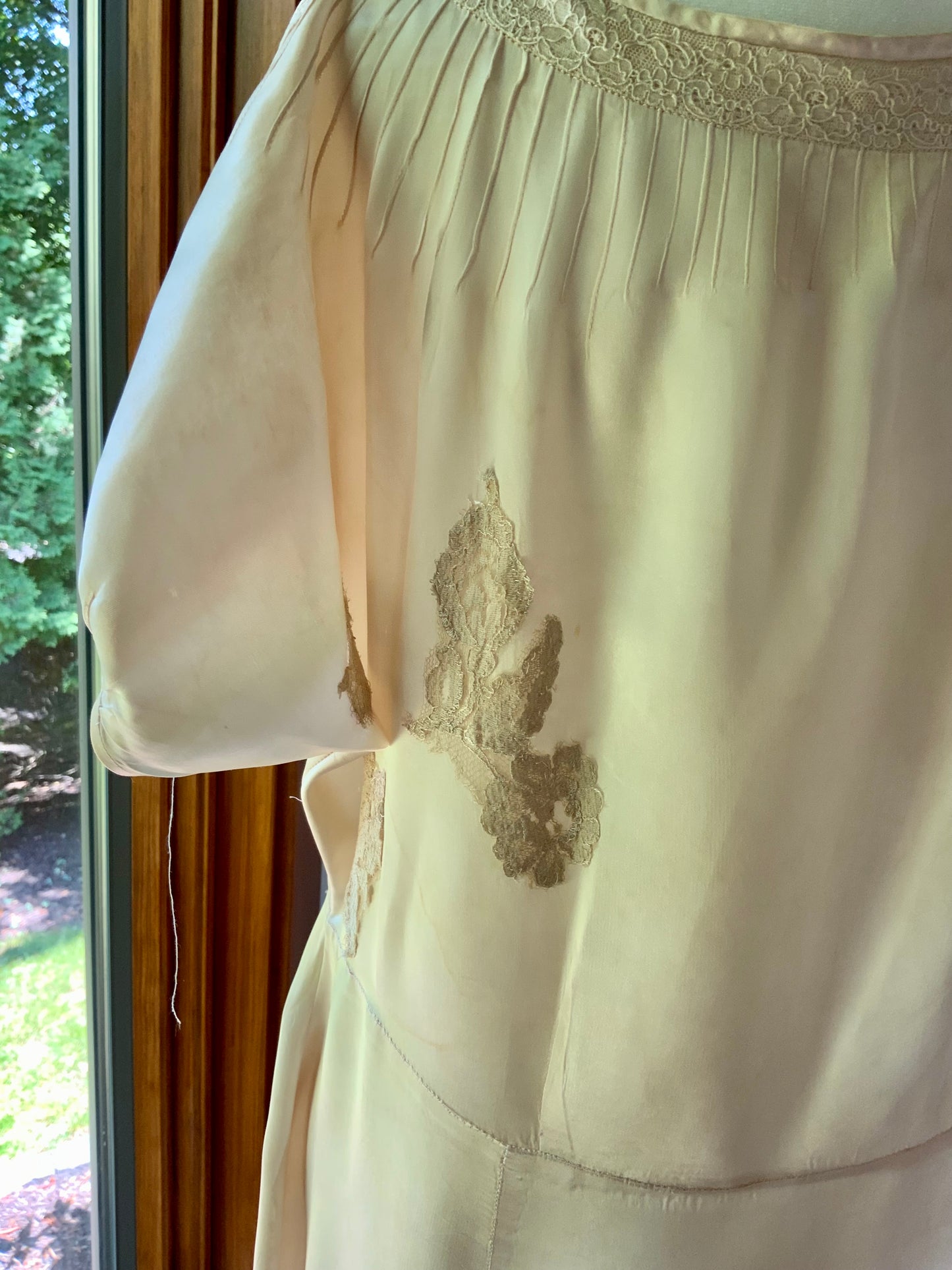 1930s Tea Dyed Silk Gown | Restored Antique Silk Lounge Dress | Lace Appliqué