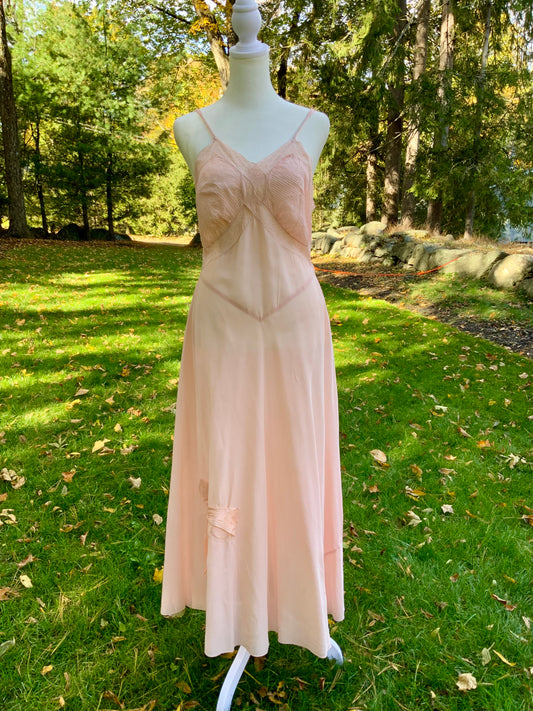 Blush Silk Nightgown with Embroidered Eyelet & Pintucked Bodice – Vintage Bias-Cut Lingerie-30s-30AL