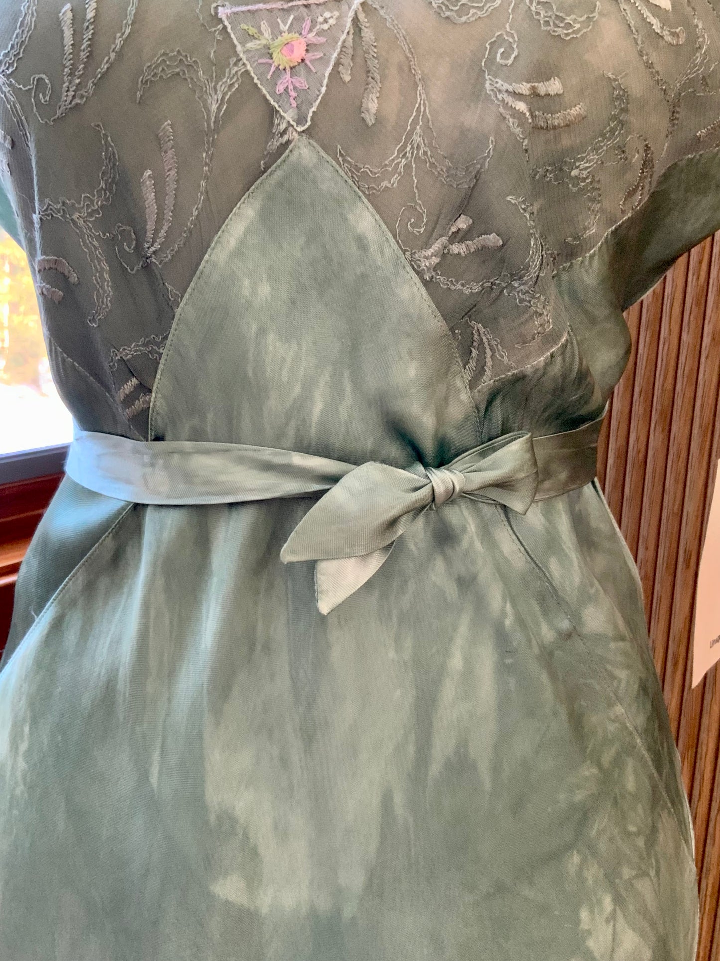 Hand Dyed Antique Satin & Chiffon Nightgown | Restored Vintage Lingerie Dress | 1930s Bias Cut Green Silk Satin Slip
- 40AD