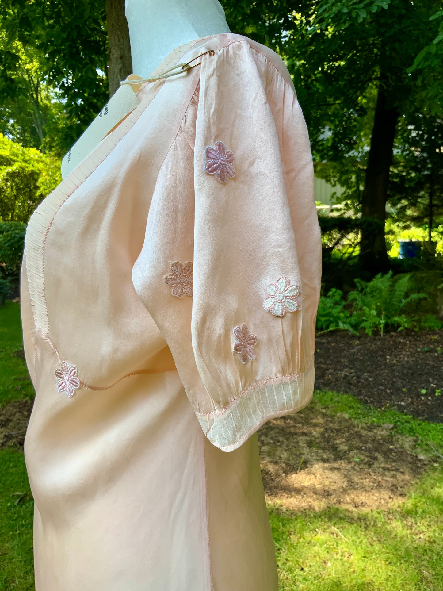 Rare Late 1930s Peach Silk Evening Gown. Pleated Bodice. Bias Cut. Restored Floral Details.30CY