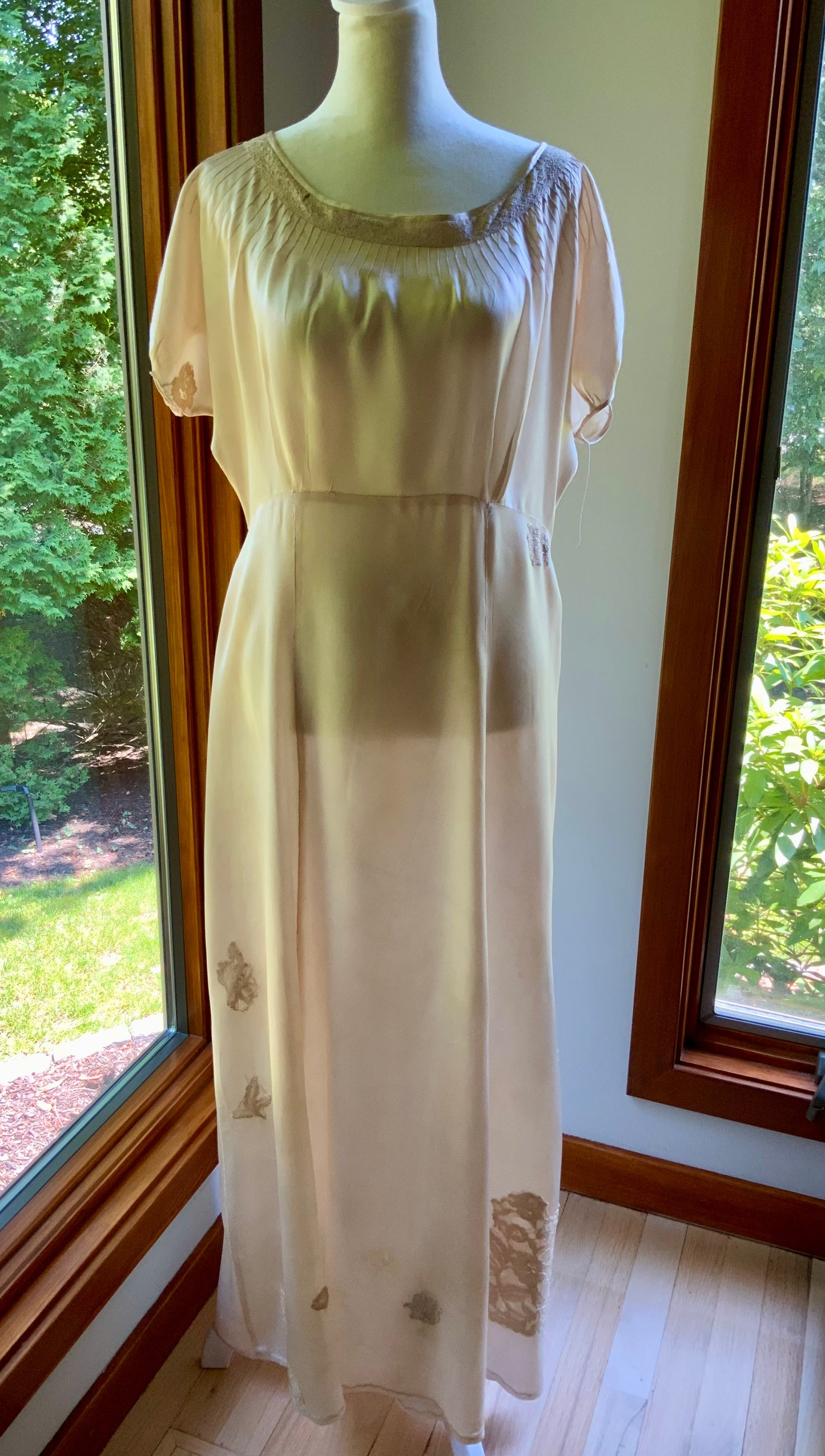 1930s Tea Dyed Silk Gown | Restored Antique Silk Lounge Dress | Lace Appliqué
