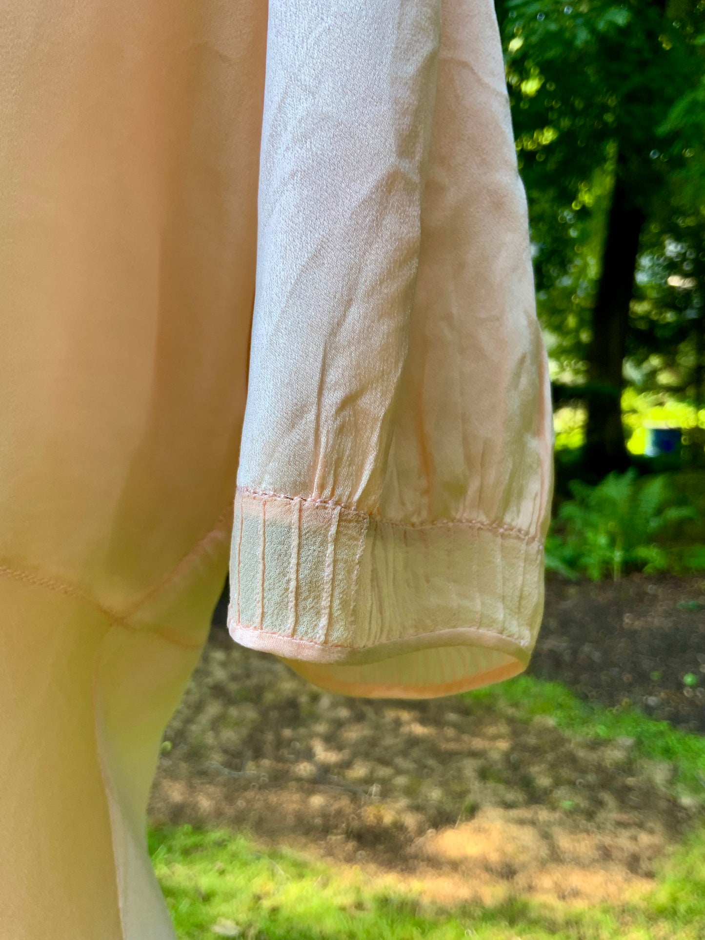 Rare Late 1930s Peach Silk Evening Gown. Pleated Bodice. Bias Cut. Restored Floral Details.30CY