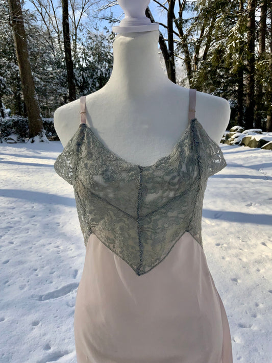 Late 1930s Myra Joy Nylon Slip Dress with Sage Lace Bodice | Art Deco Lingerie Gown-30BB