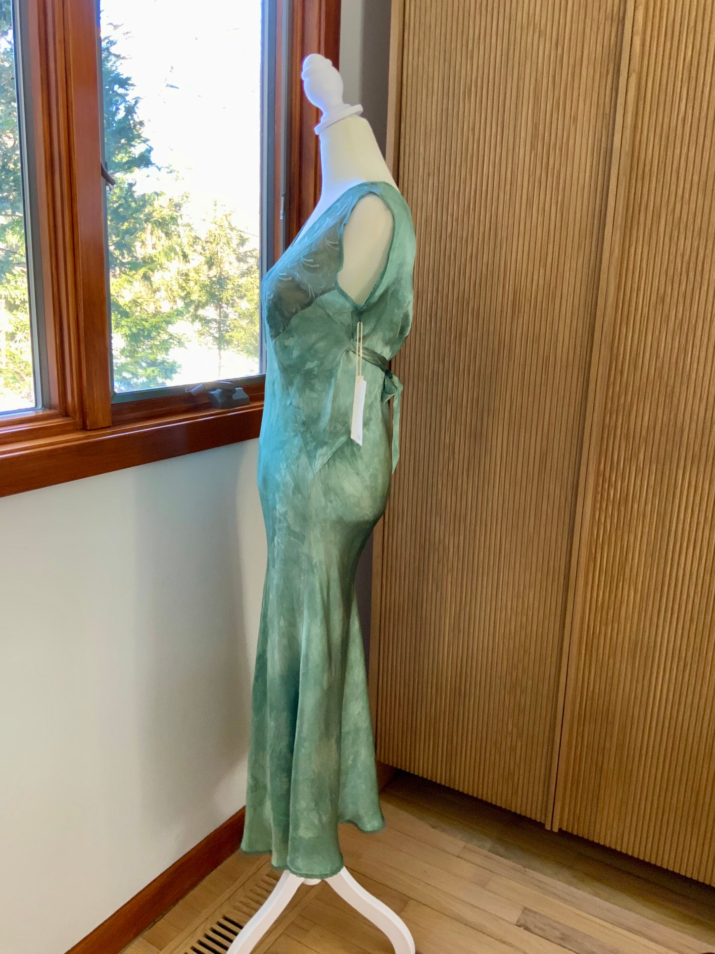 Hand Dyed Antique Satin & Chiffon Nightgown | Restored Vintage Lingerie Dress | 1930s Bias Cut Green Silk Satin Slip
- 40AD