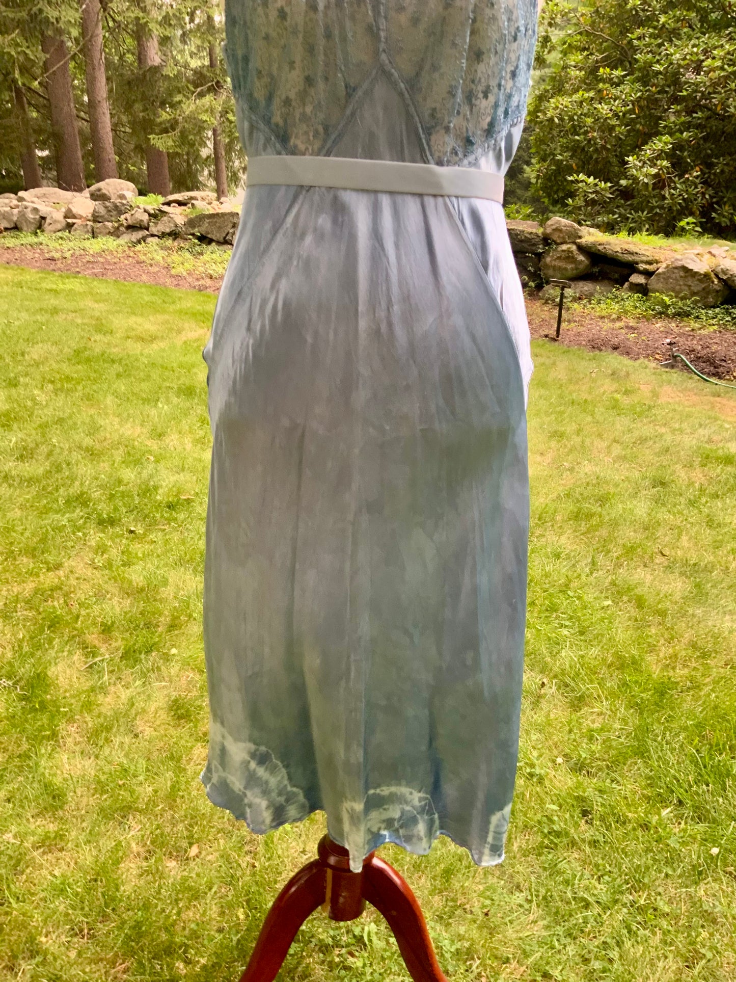 1930s early 40s Hand Dyed Blue Satin Slip Dress | Embroidered Sheer Bodice | Bias Cut Vintage Inspired Lingerie Dress | One of a Kind-40BH