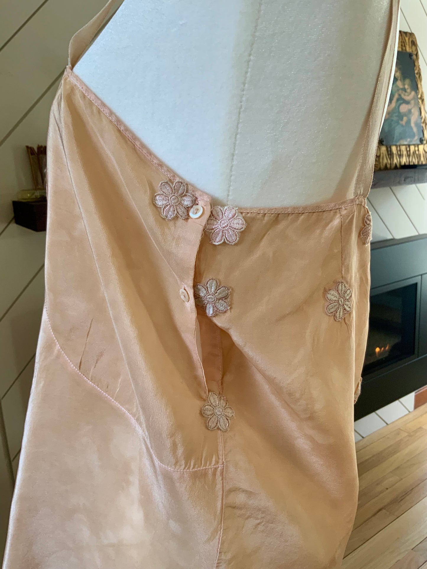 1920s–30s Tea-Dyed Silk Boudoir Teddy | Antique Peach Silk Chemise | Restored Lace Lingerie | Romantic French Style Teddy-20AM