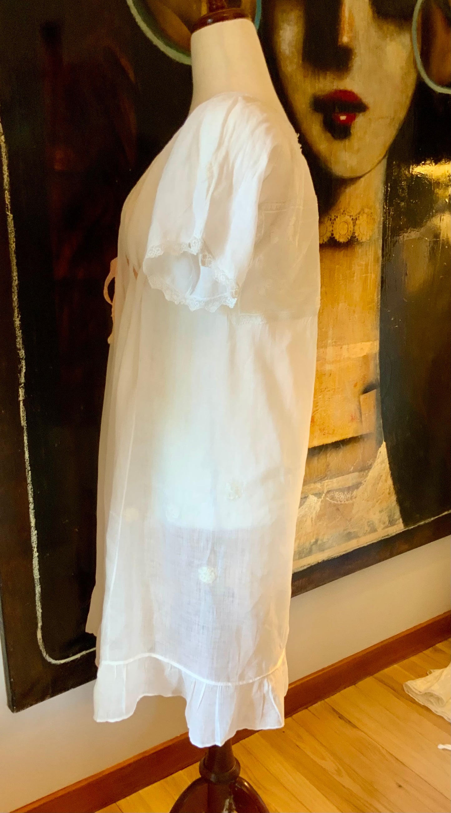 Antique Edwardian Cotton Nightgown “Carmela” Hand Repaired with Filet Lace Appliqués – Restored Heirloom Piece-ED81