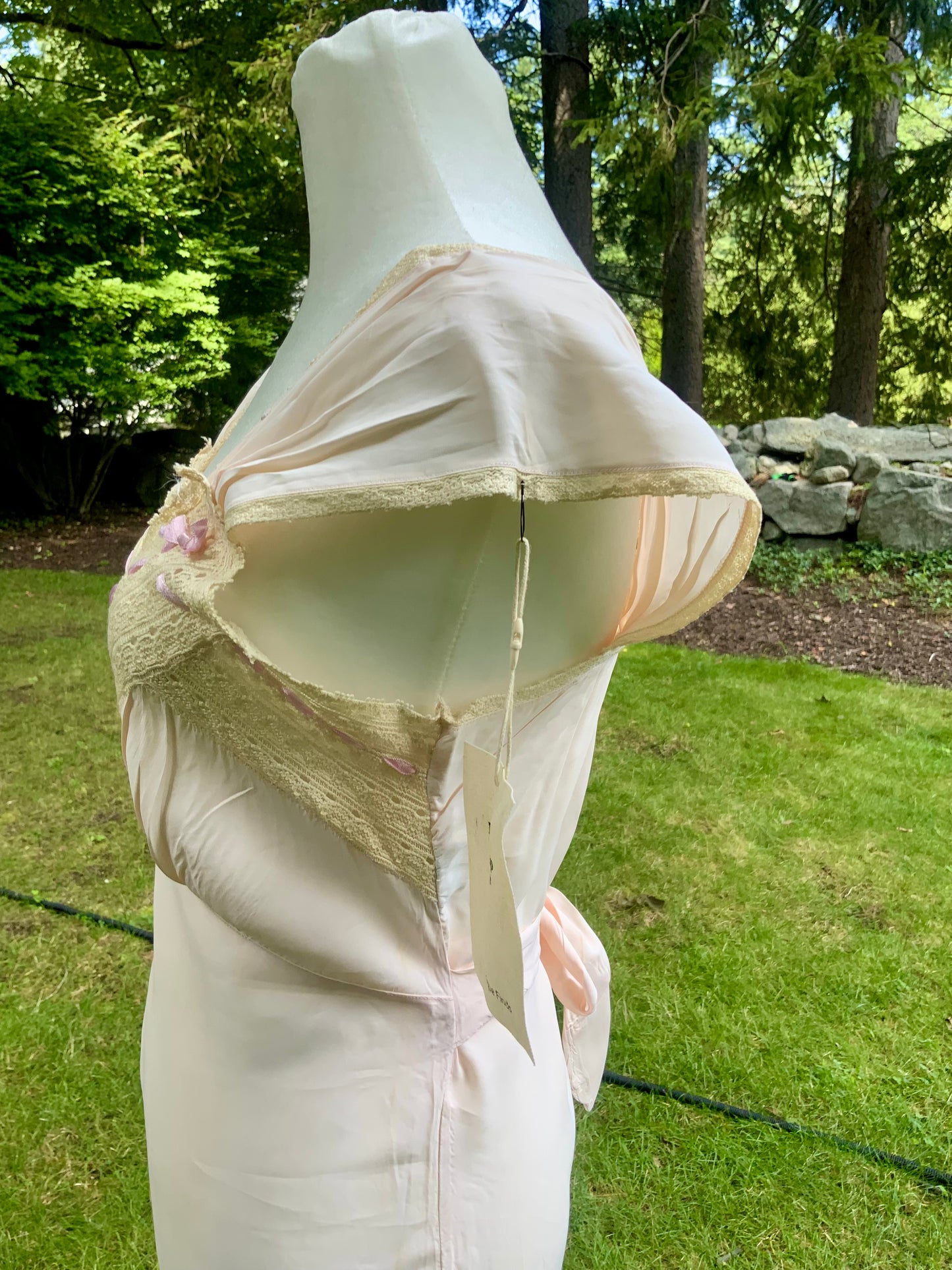 1930s Pale Peach Bias Cut Nightgown. Lace and Ribbonwork Boudoir Gown. Cap Sleeve Satin Lingerie.30CS