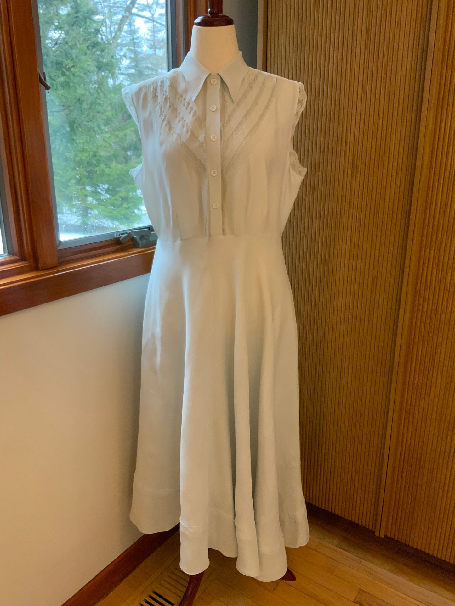 Authentic 1930s 1940s Ivory Silk Chiffon Day Dress Pintuck Lace Vintage Bridal Dress- 40R