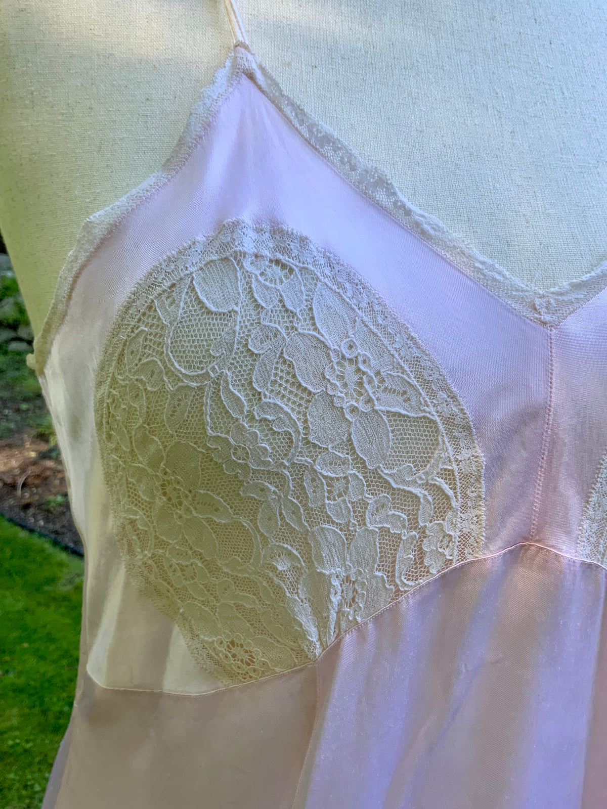1930s Pink Satin Slip Dress with Lace and Chiffon Ruffle.30CJ