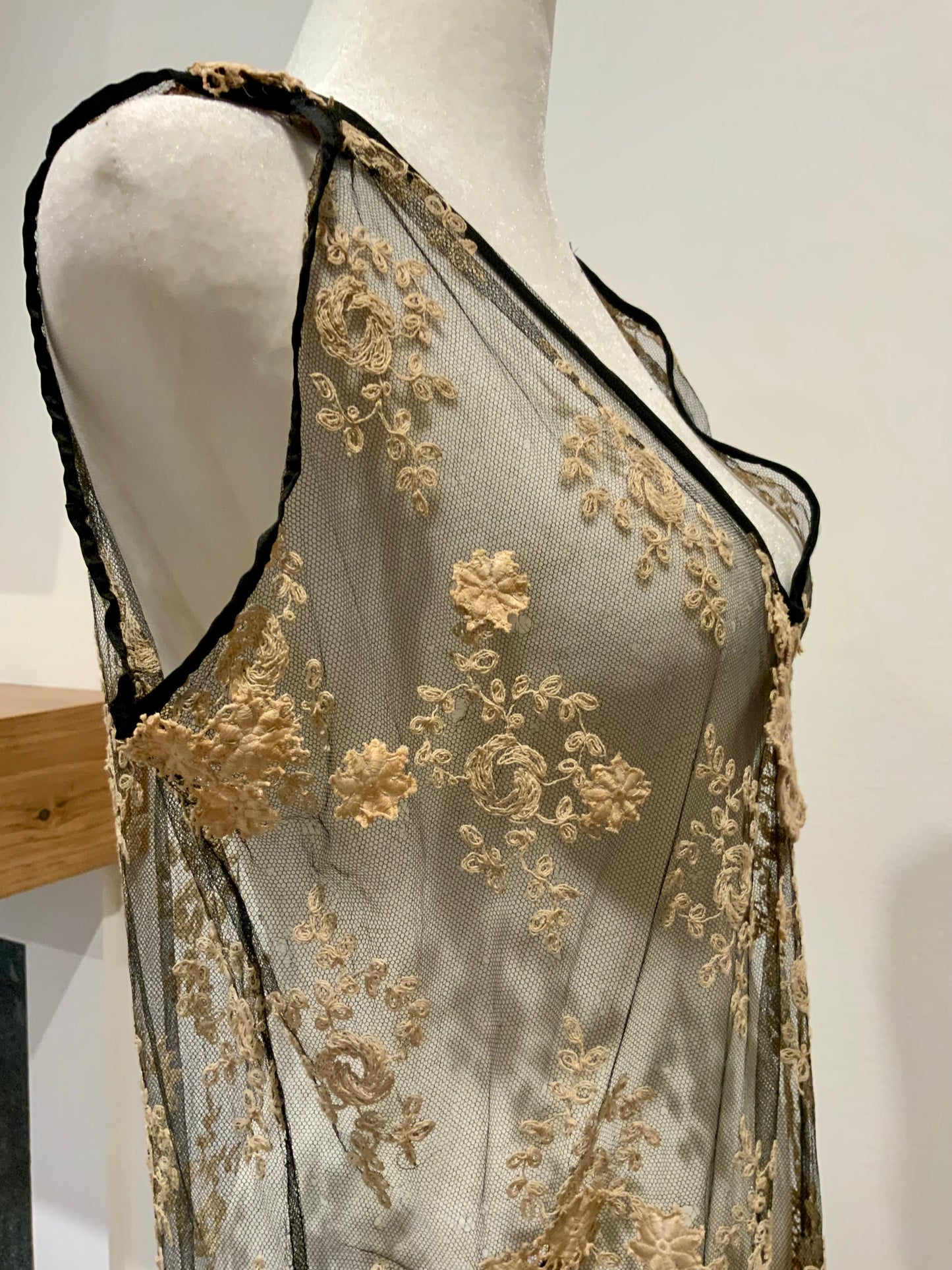Rare 1920s French Lace Dress. Black Net & Pink Floral Embroidery. Restored Antique Flapper Dress.20AT.