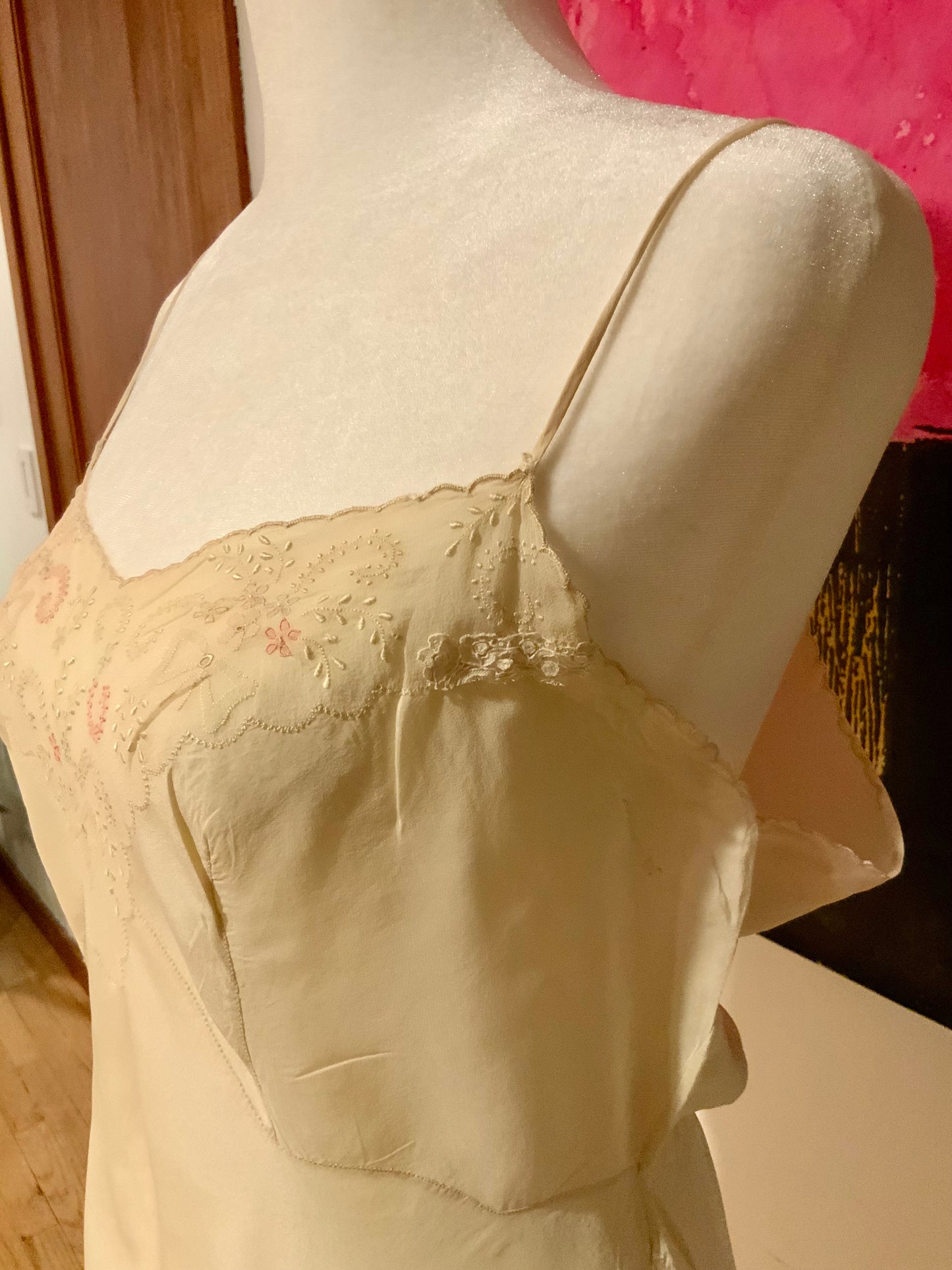 1930s Hand-Embroidered Pure Silk Slip Dress | Champagne - 30AT