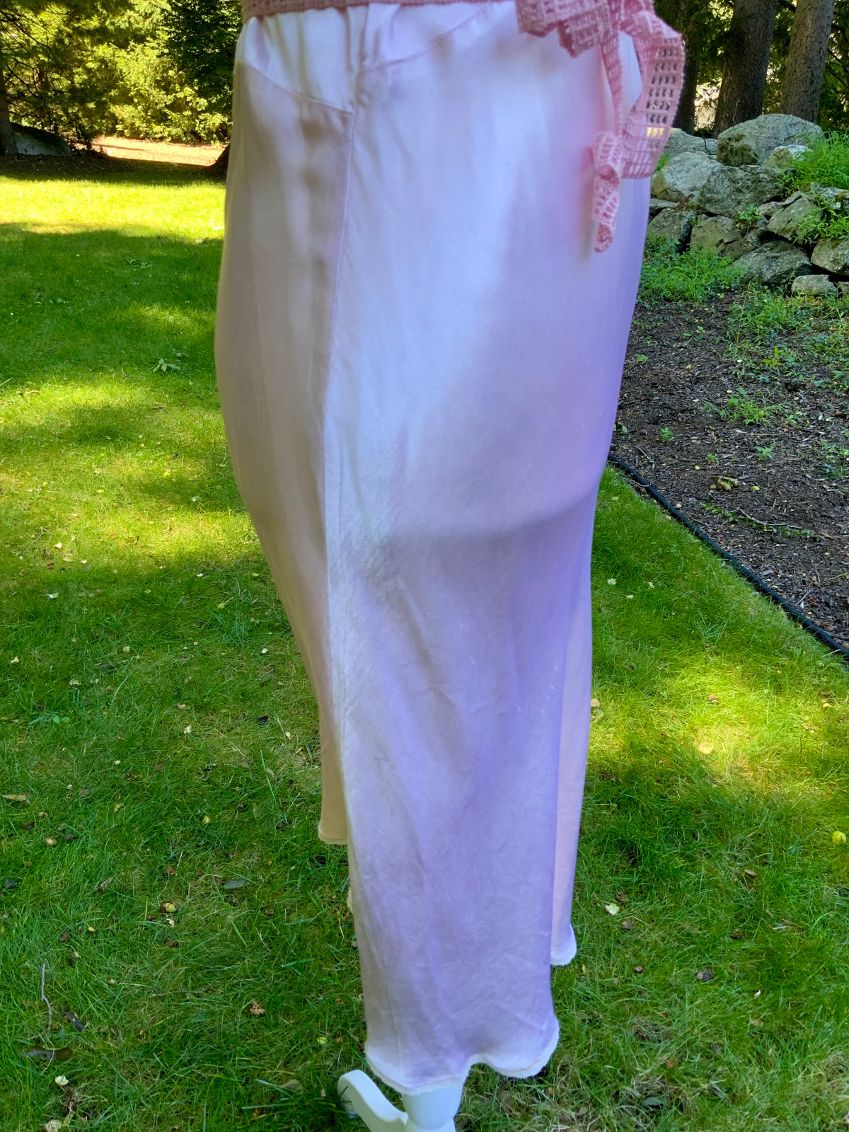1930s Blush Pink Satin Bias Cut Slip Dress with Pleated Trim.30CN