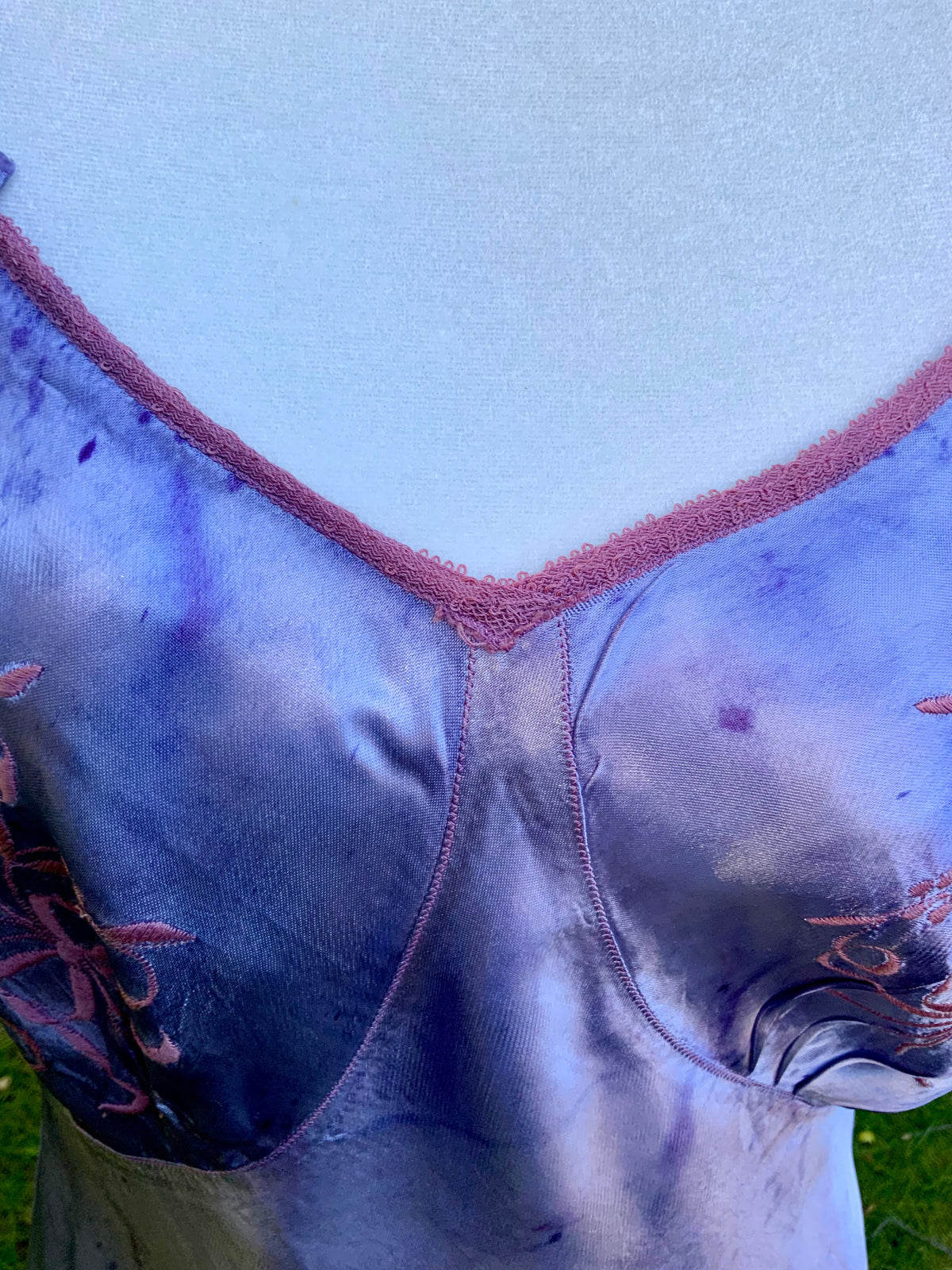 1930s/40s  Hand-Dyed Lilac Satin Slip Dress with Floral Embroidery.40BV