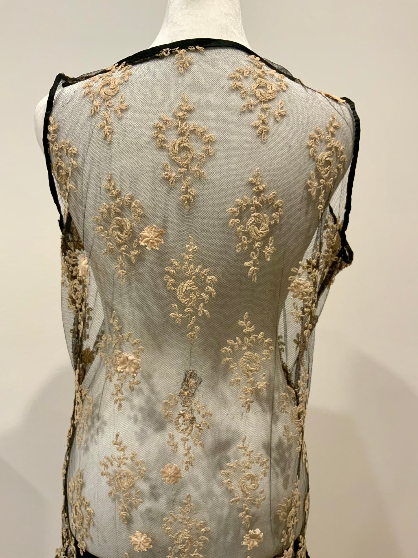 Rare 1920s French Lace Dress. Black Net & Pink Floral Embroidery. Restored Antique Flapper Dress.20AT.