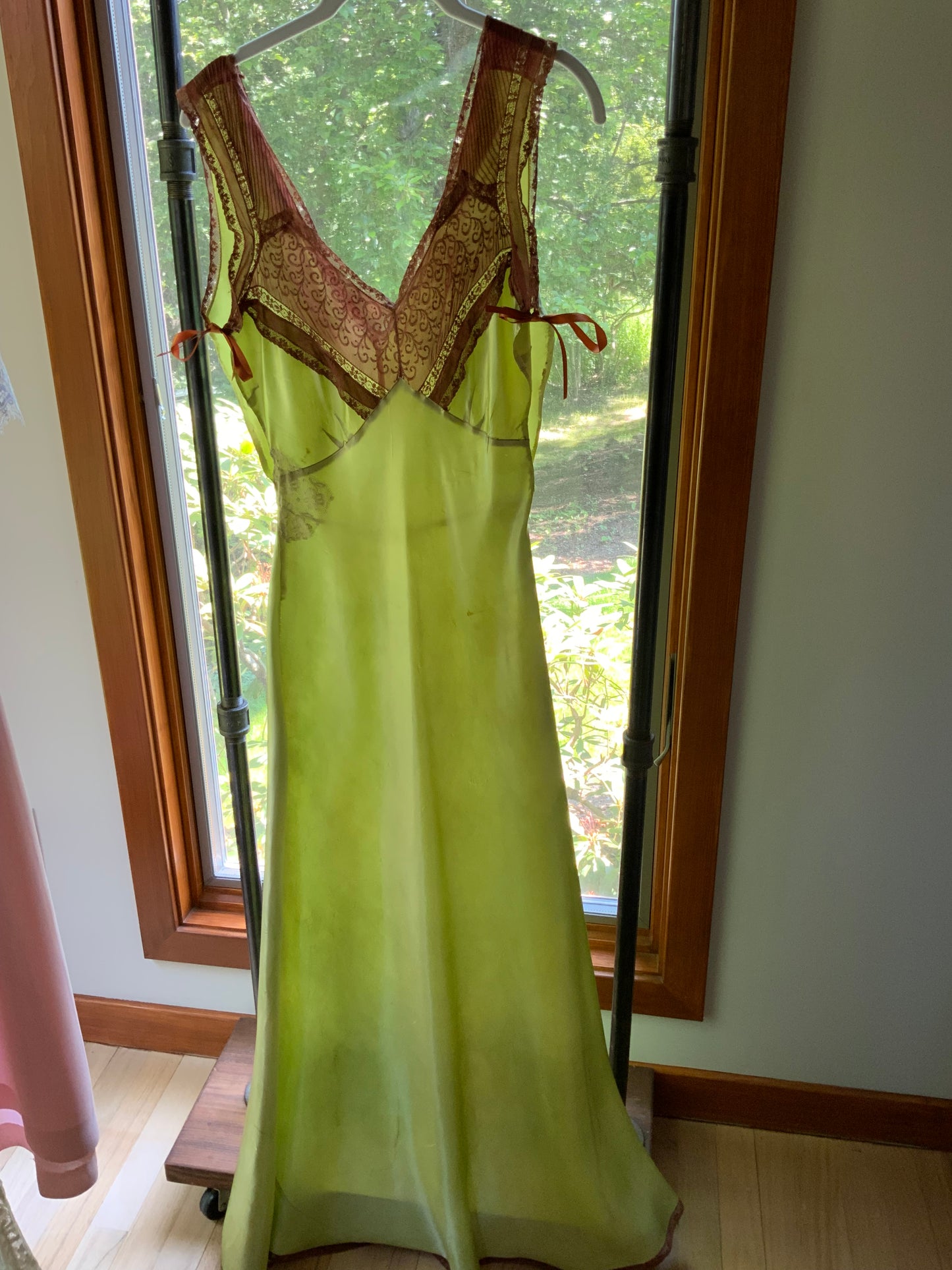 Hand Dyed Antique Silk Slip Dress Chartreuse Green Artist Reimagined 1930s 1940s Silk Nightgown One of a Kind Wearable Art-40C