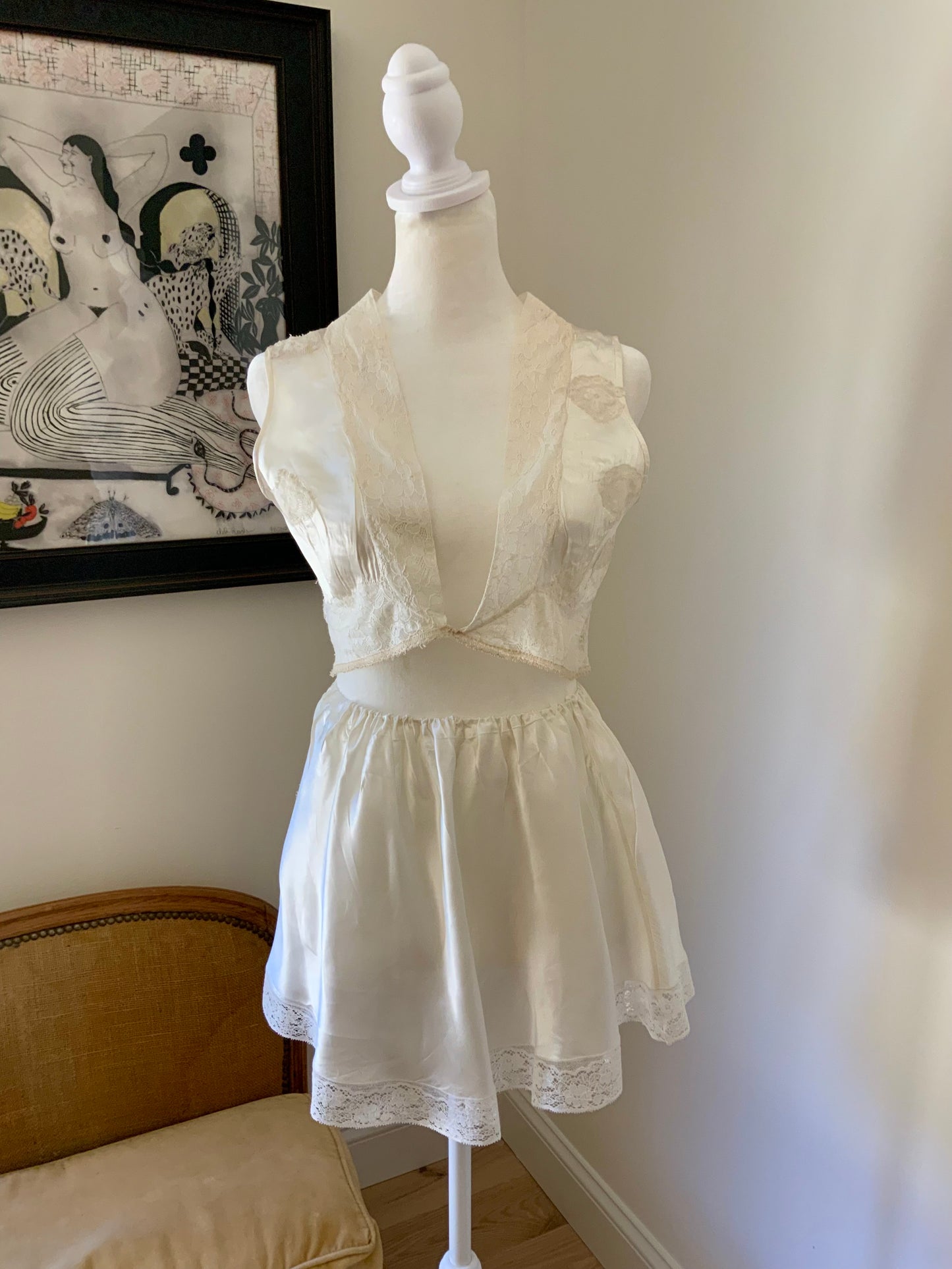One-of-a-Kind Reconstructed 1940s Silk Set | Vintage Lace Top & Skirt-40CF