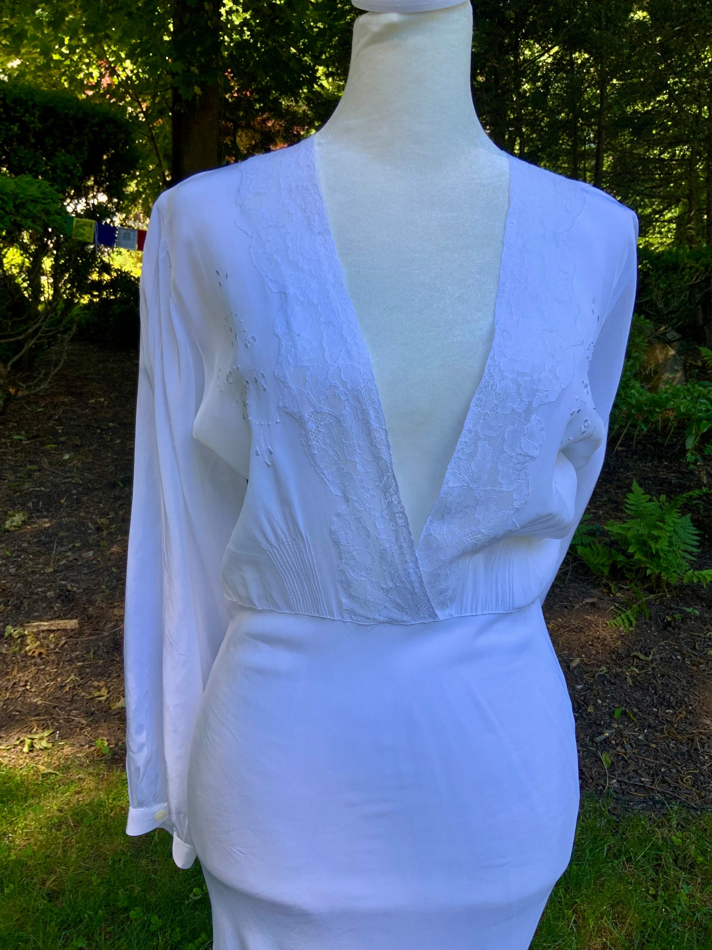Vintage Ivory Silk Satin Long Sleeve Bridal Gown | Deep V-Neck Lace Maxi Dress-70BD