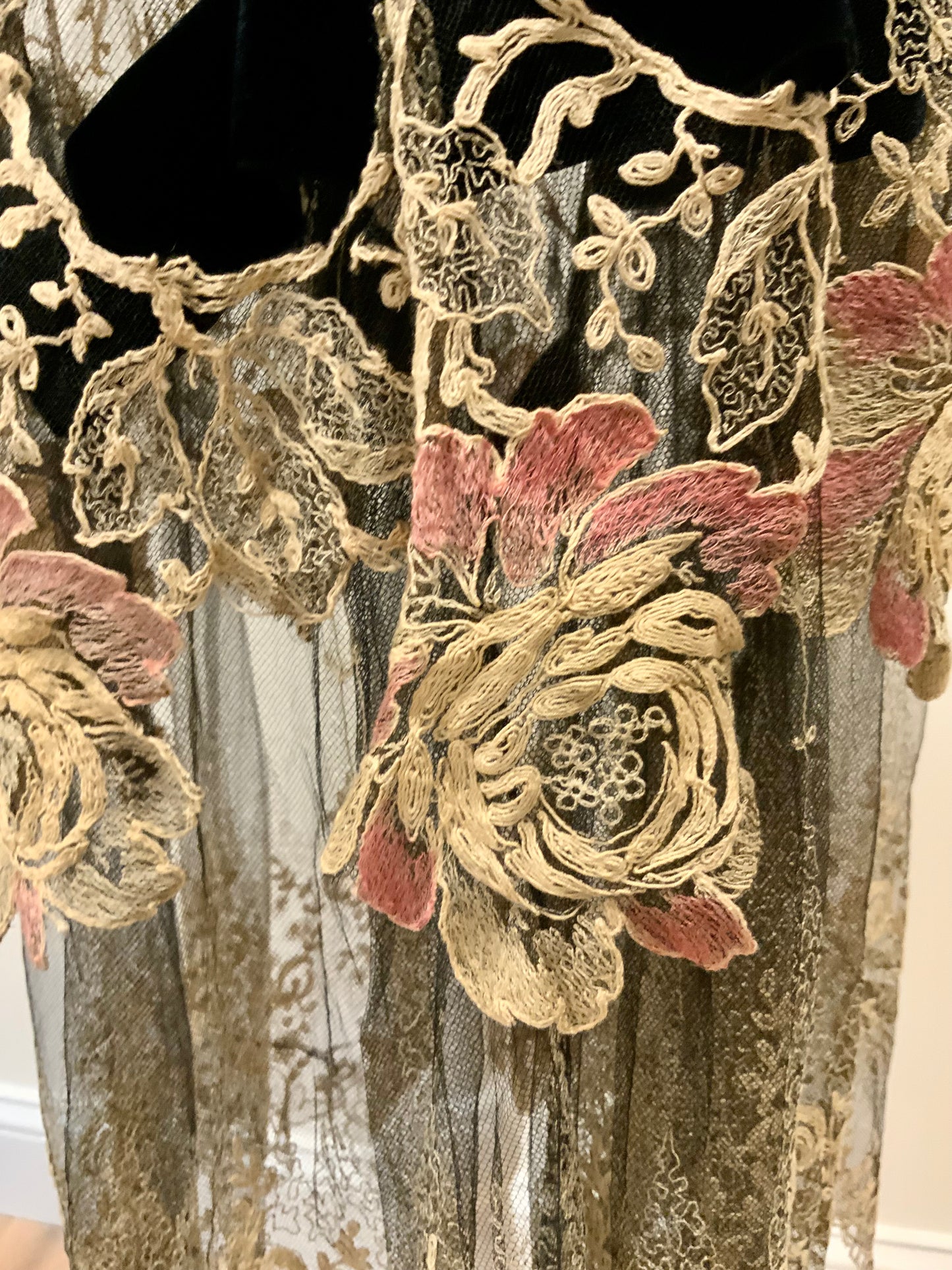 Rare 1920s French Lace Dress. Black Net & Pink Floral Embroidery. Restored Antique Flapper Dress.20AT.