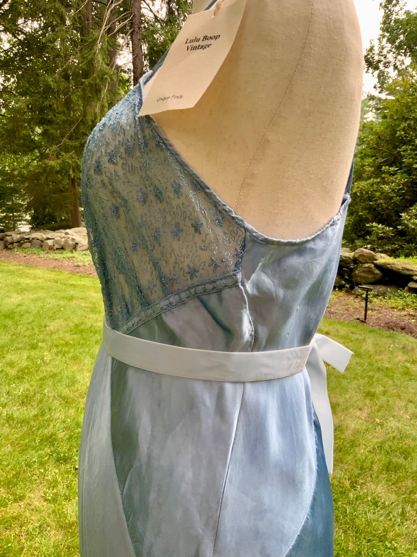 1930s early 40s Hand Dyed Blue Satin Slip Dress | Embroidered Sheer Bodice | Bias Cut Vintage Inspired Lingerie Dress | One of a Kind-40BH