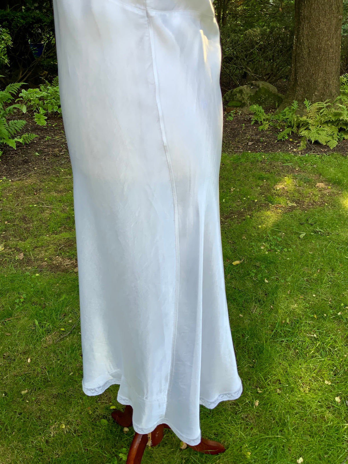 1930s White Satin Bias Cut Slip Dress with Floral Lace .40BT