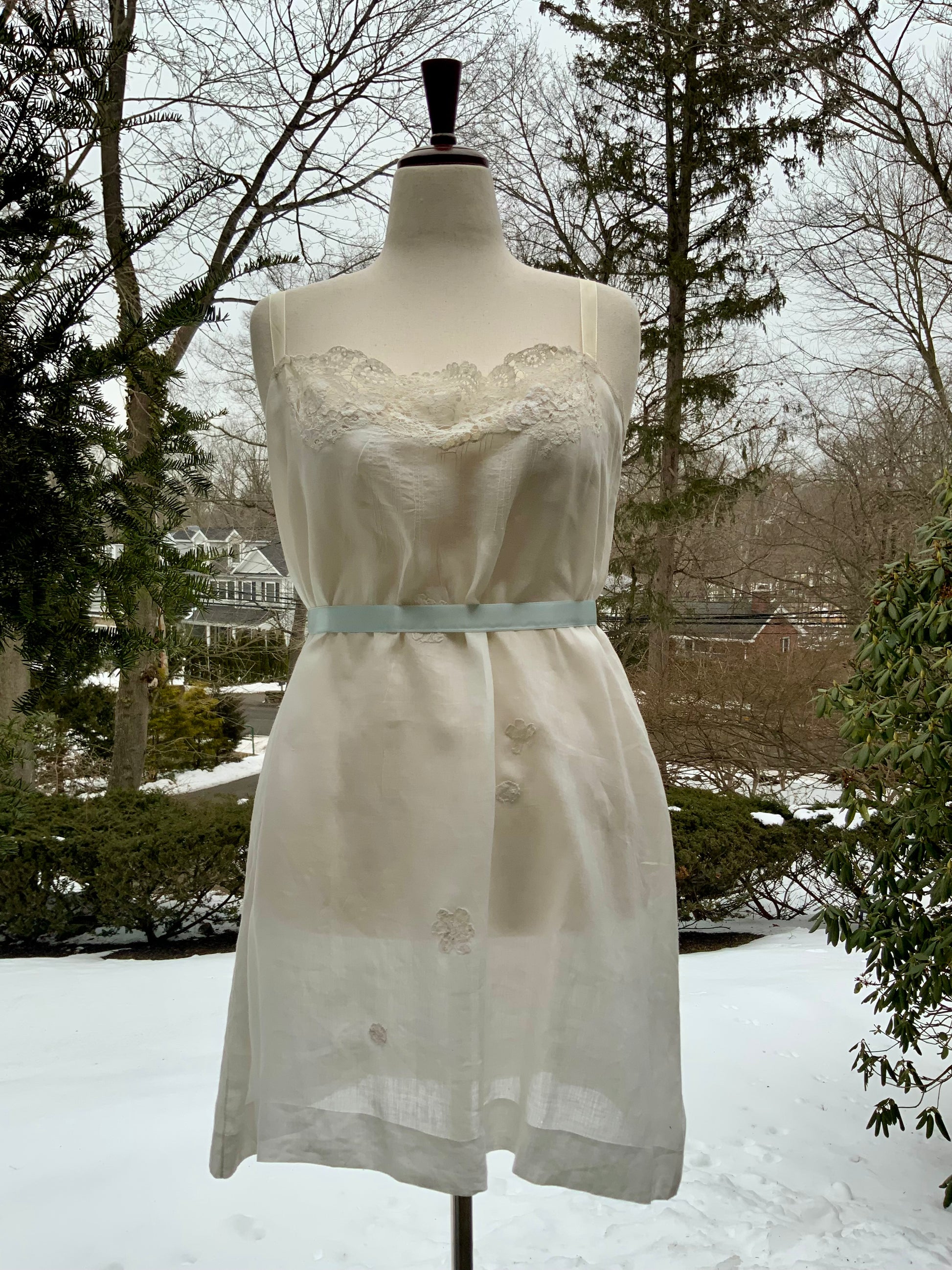 Edwardian Sheer Silk Slip Dress with Antique Lace Appliqué