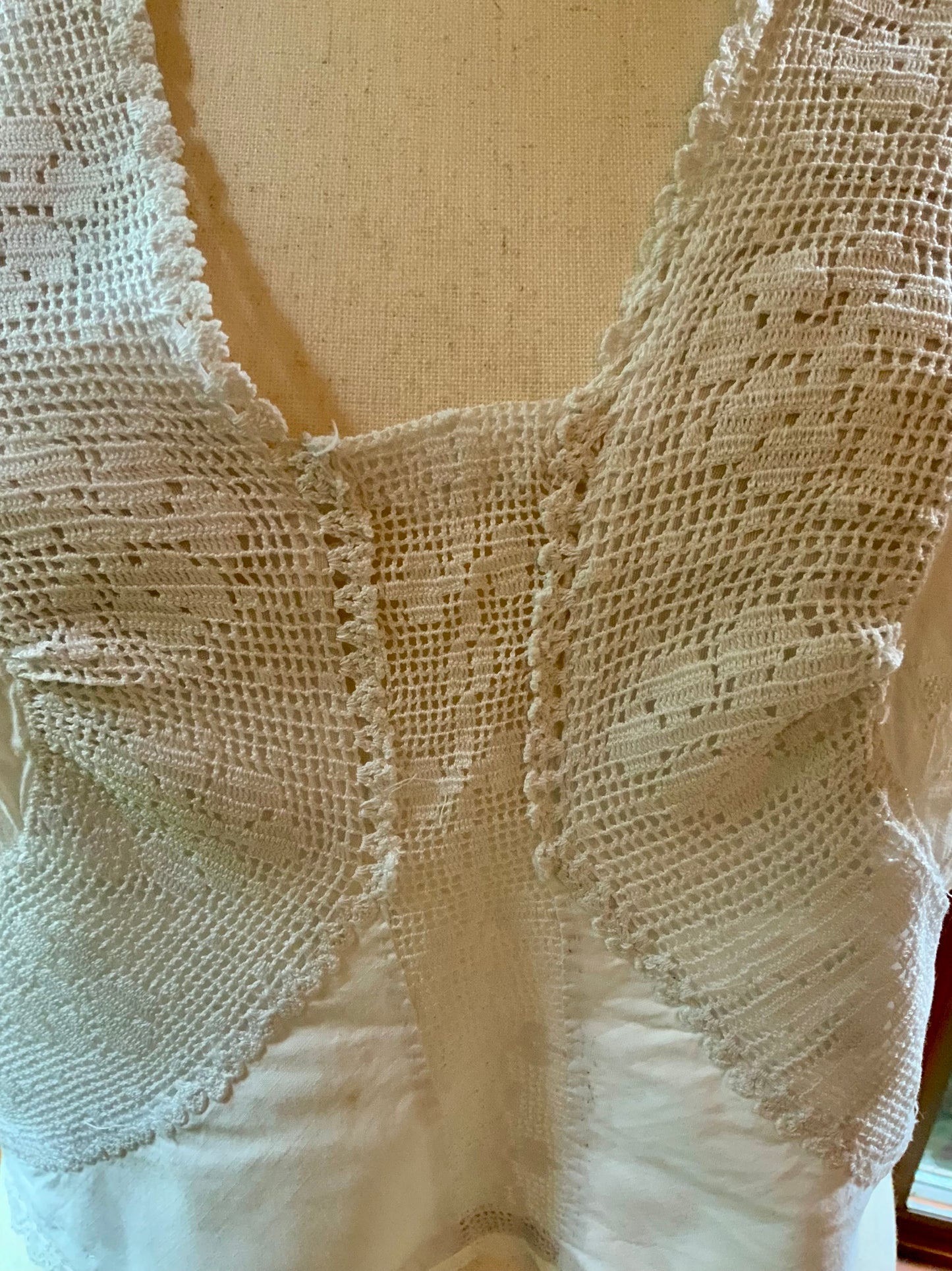 Antique Edwardian Corset Cover | Whitework Embroidery & Handmade Filet Crochet| XL-ED84