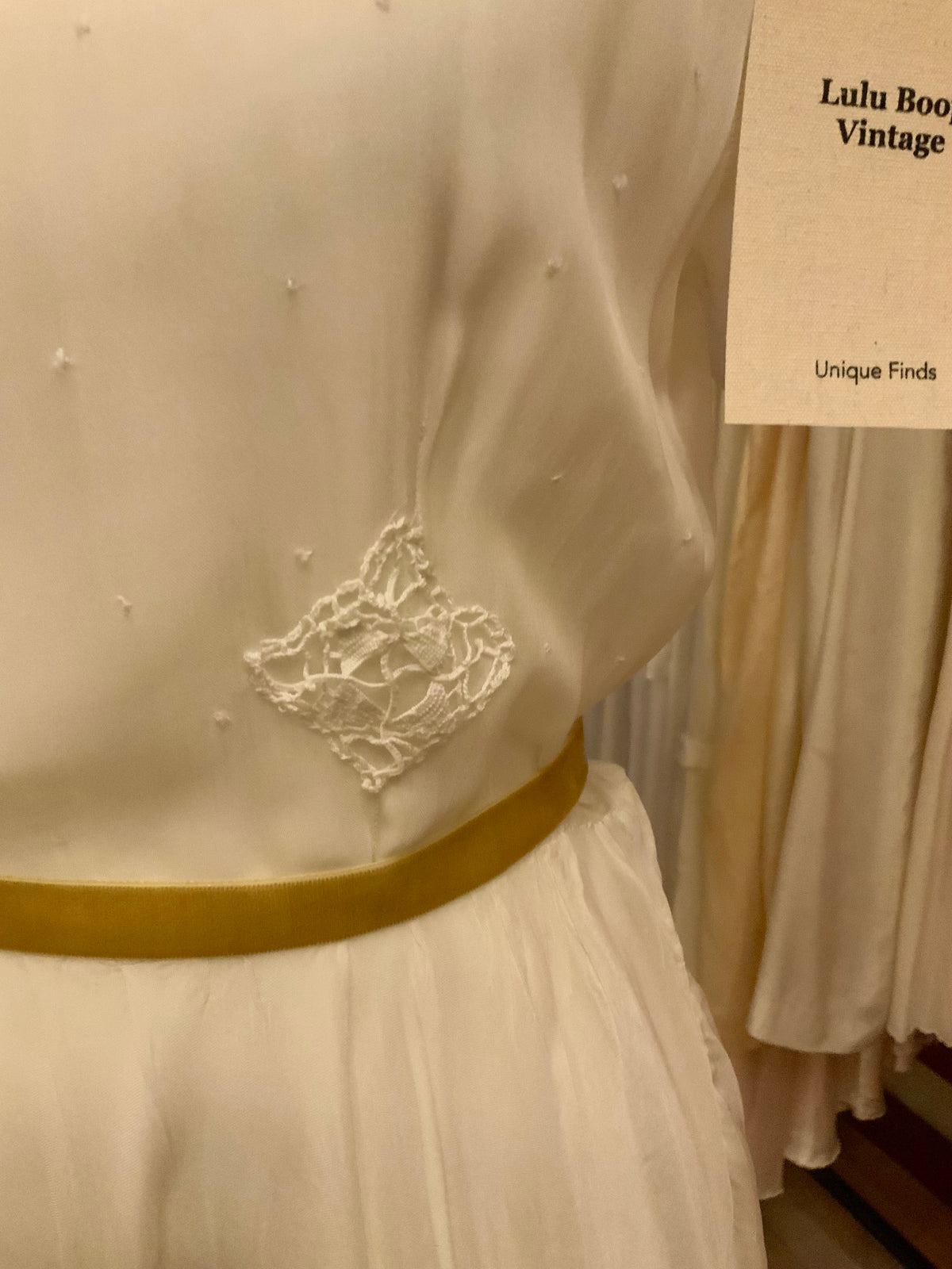Antique Ivory Chiffon Gown with Ruffled Hem and Lace Appliqué.20ARR