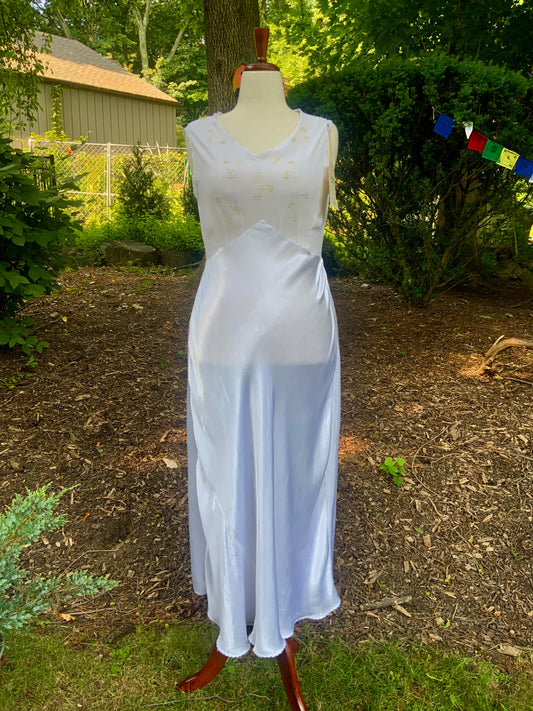 Vintage Satin & Embroidered Sheer Top Slip Dress | 1930s Bias Cut Boudoir Gown-AAA