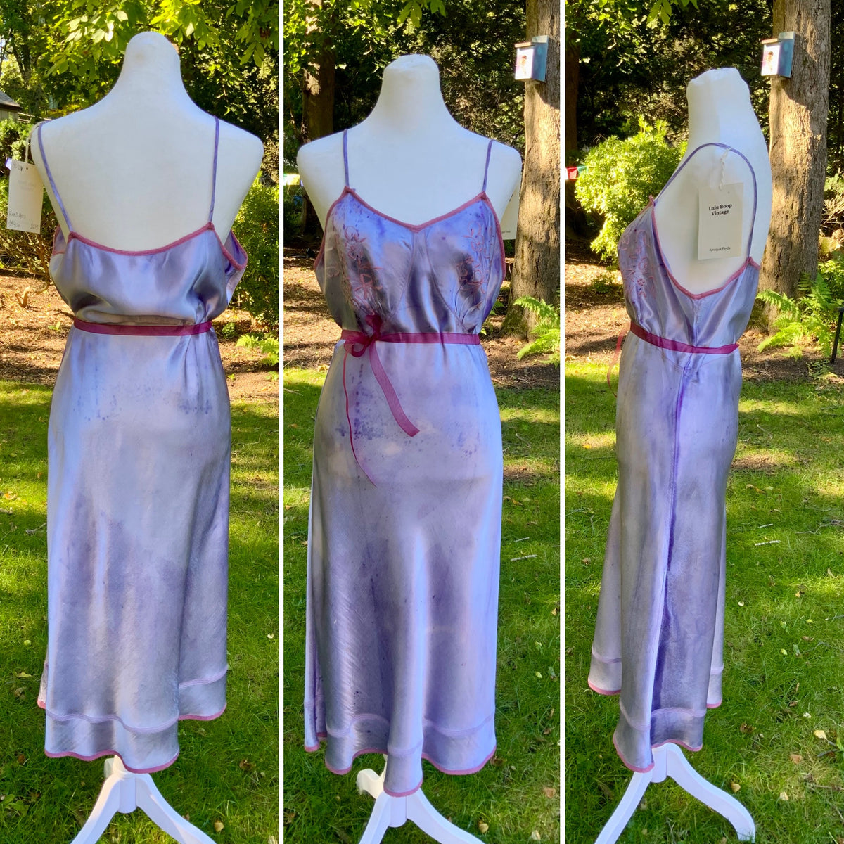 1930s/40s  Hand-Dyed Lilac Satin Slip Dress with Floral Embroidery.40BV