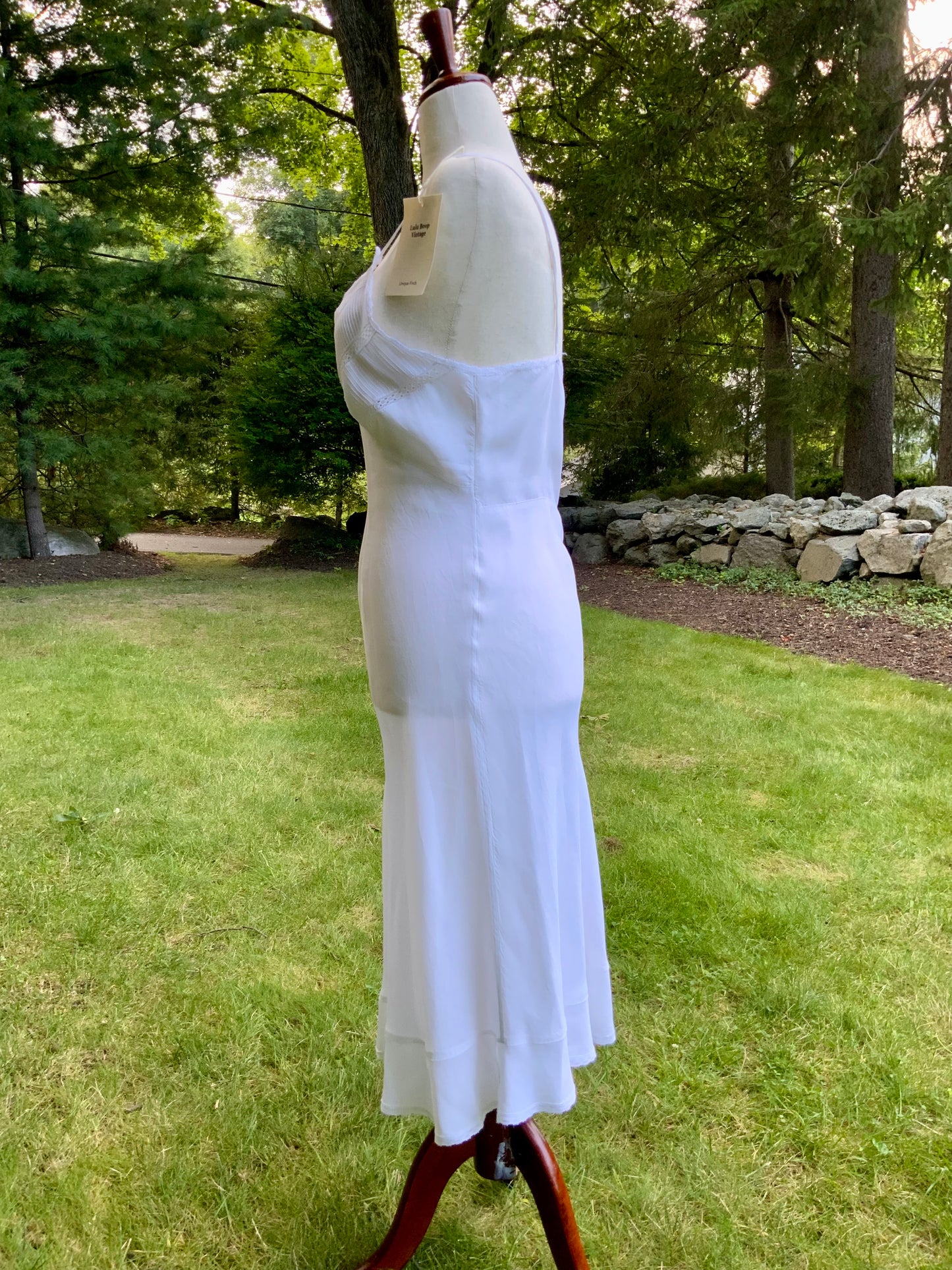1940s White Slip Dress. Pleated Lace Bodice. Bias Cut. Double Flounce Hem
-30CP