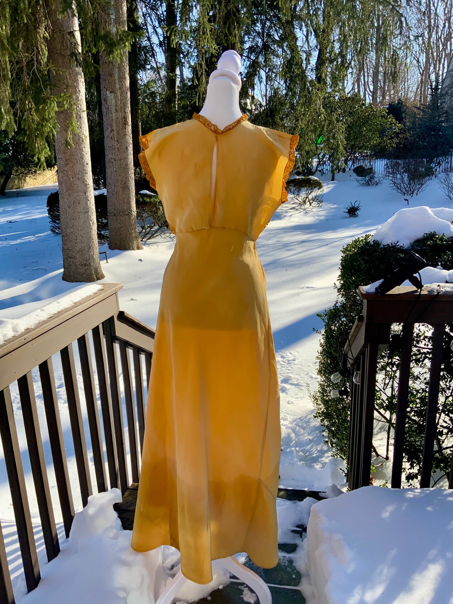 Hand-Dyed 1930s–40s Silk Chiffon Lace Nightgown – Golden Sunset-30BD